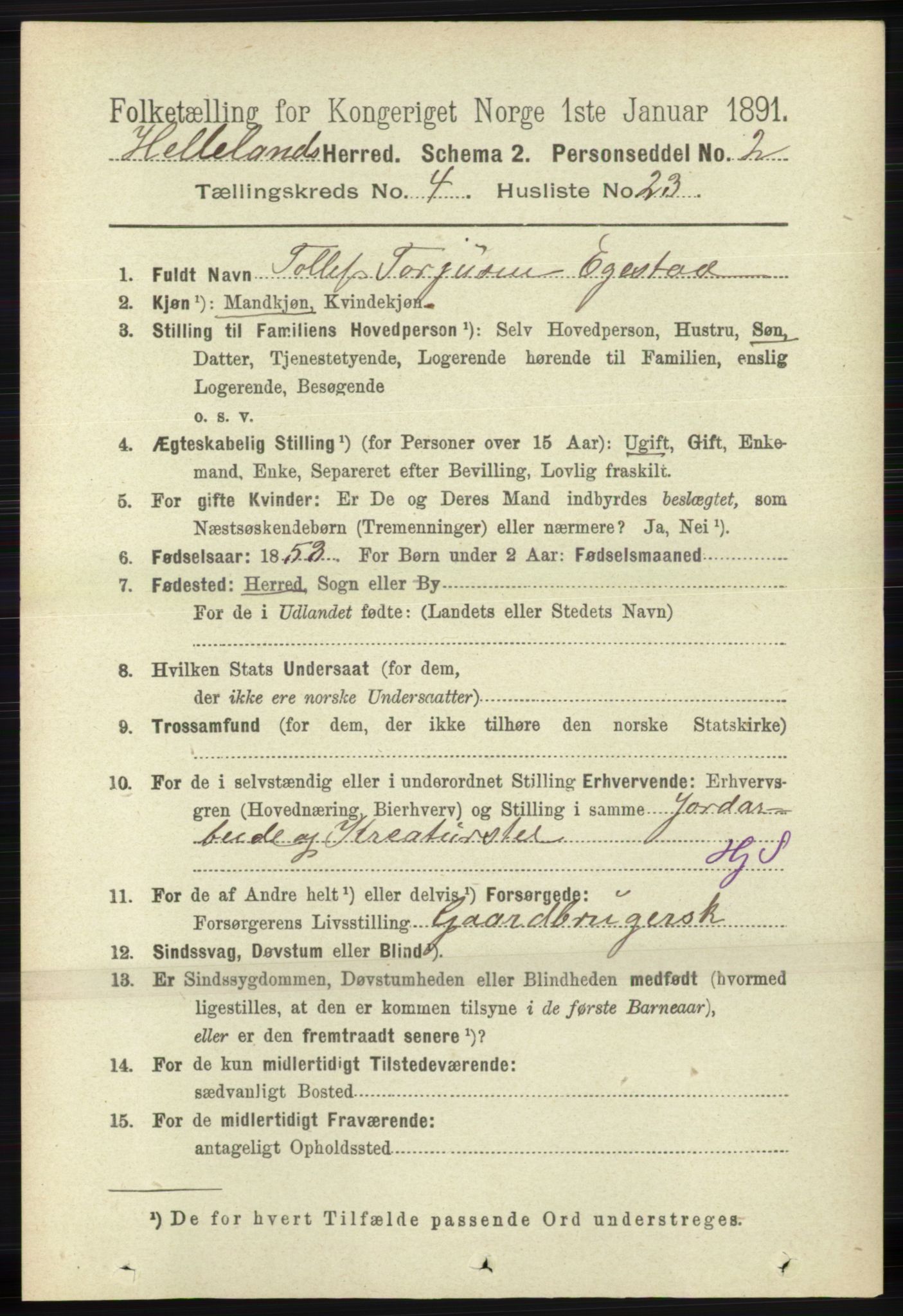 RA, 1891 census for 1115 Helleland, 1891, p. 1302