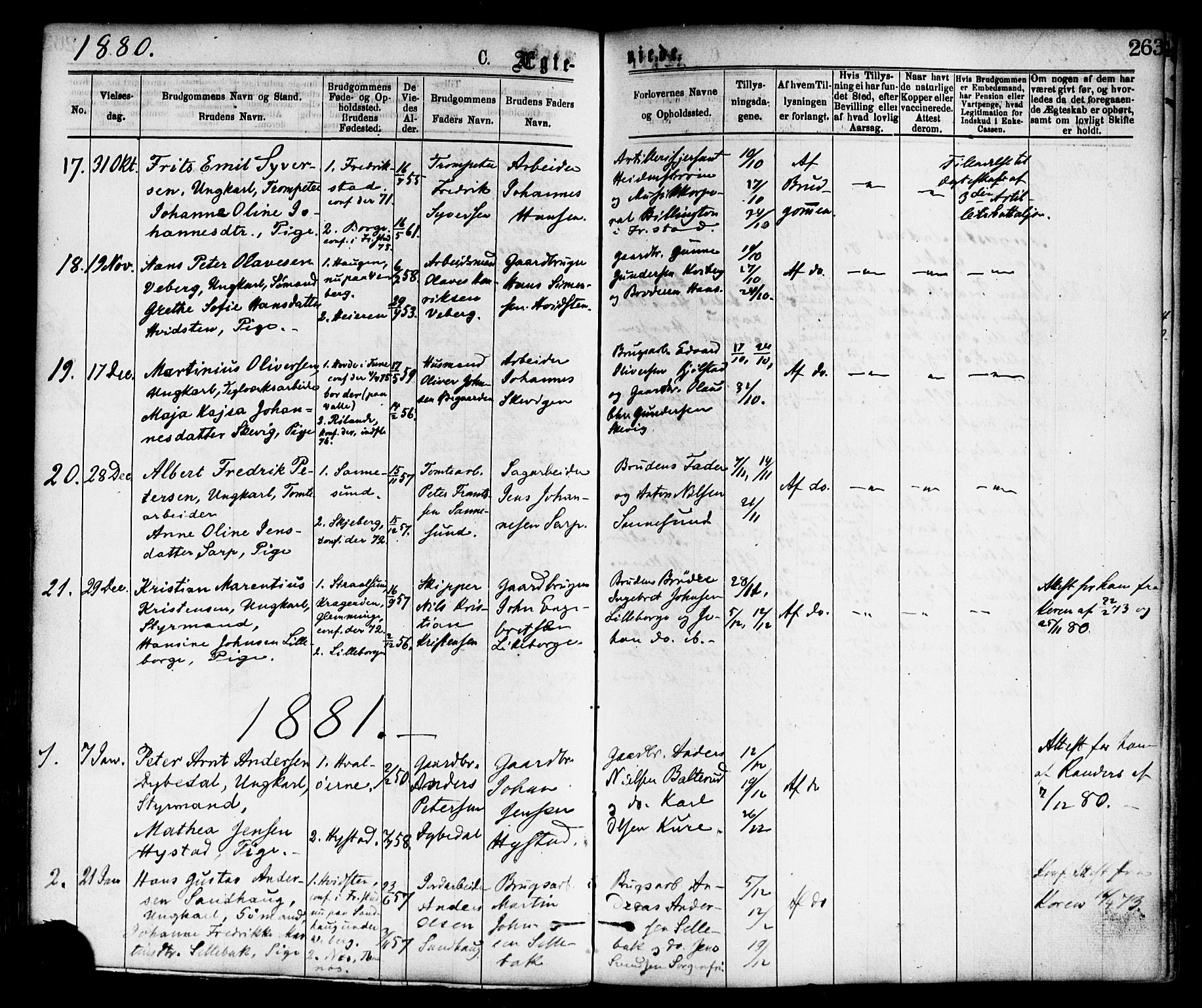 Borge prestekontor Kirkebøker, SAO/A-10903/F/Fa/L0007: Parish register (official) no. I 7, 1875-1886, p. 263