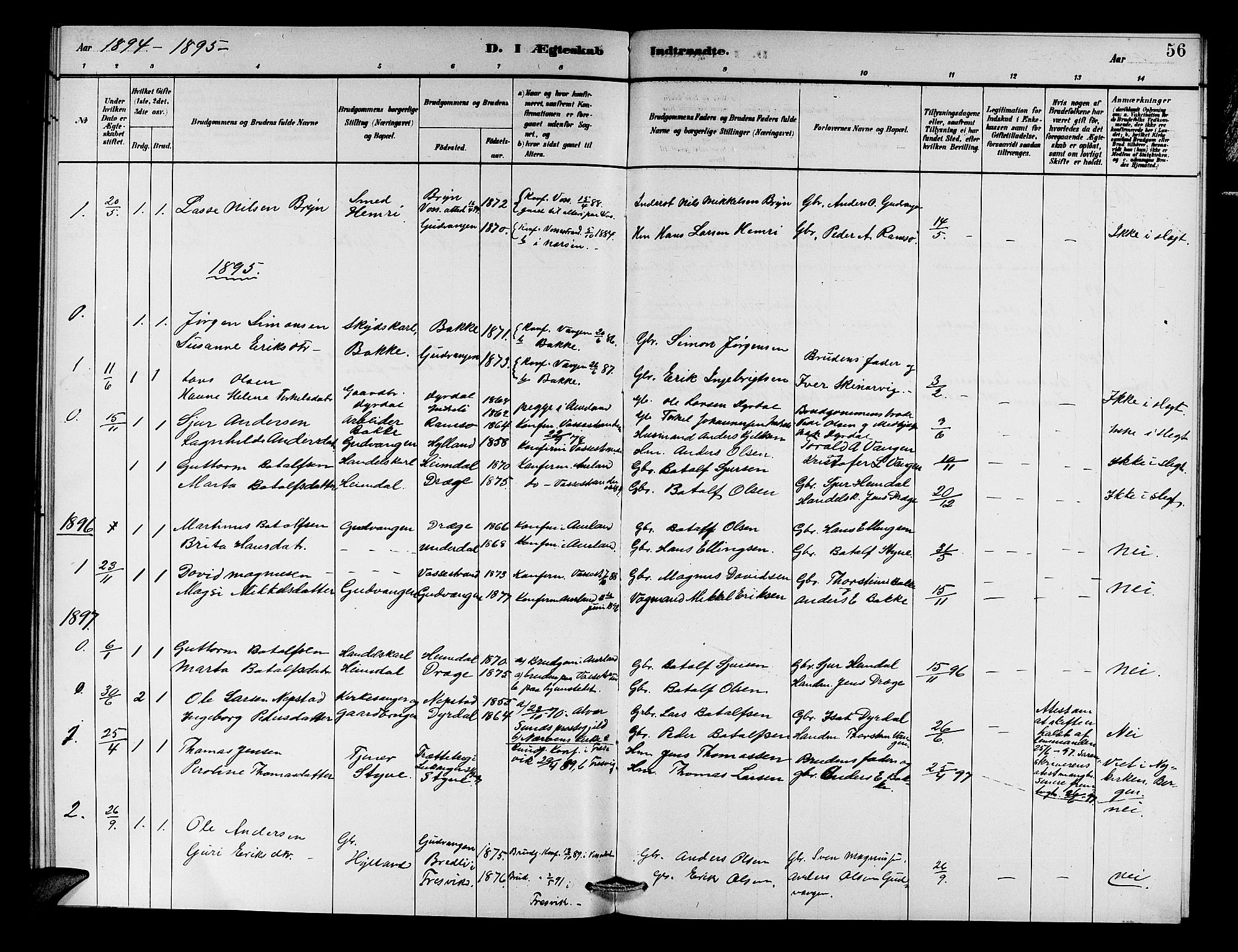 Aurland sokneprestembete, SAB/A-99937/H/Hb/Hbc/L0002: Parish register (copy) no. C 2, 1883-1900, p. 56