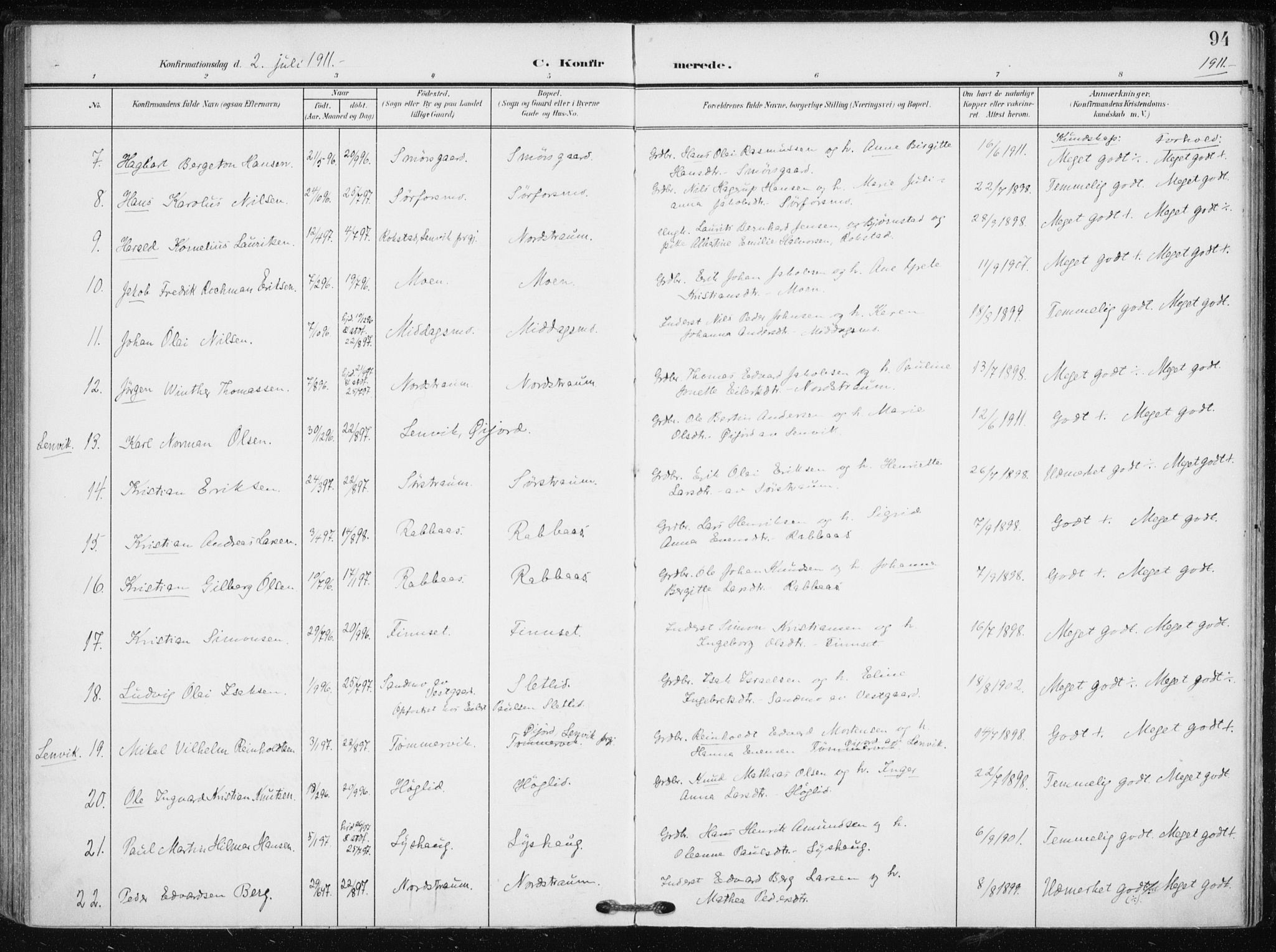 Tranøy sokneprestkontor, SATØ/S-1313/I/Ia/Iaa/L0012kirke: Parish register (official) no. 12, 1905-1918, p. 94