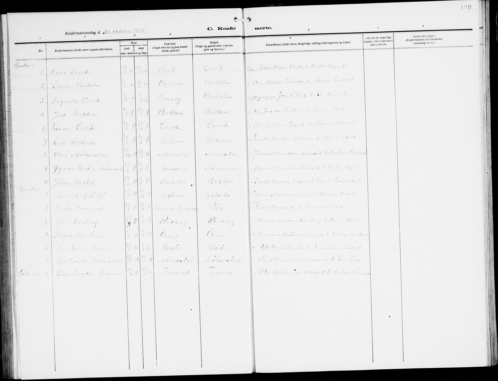 Lavik sokneprestembete, SAB/A-80901: Parish register (copy) no. A 3, 1911-1942, p. 109