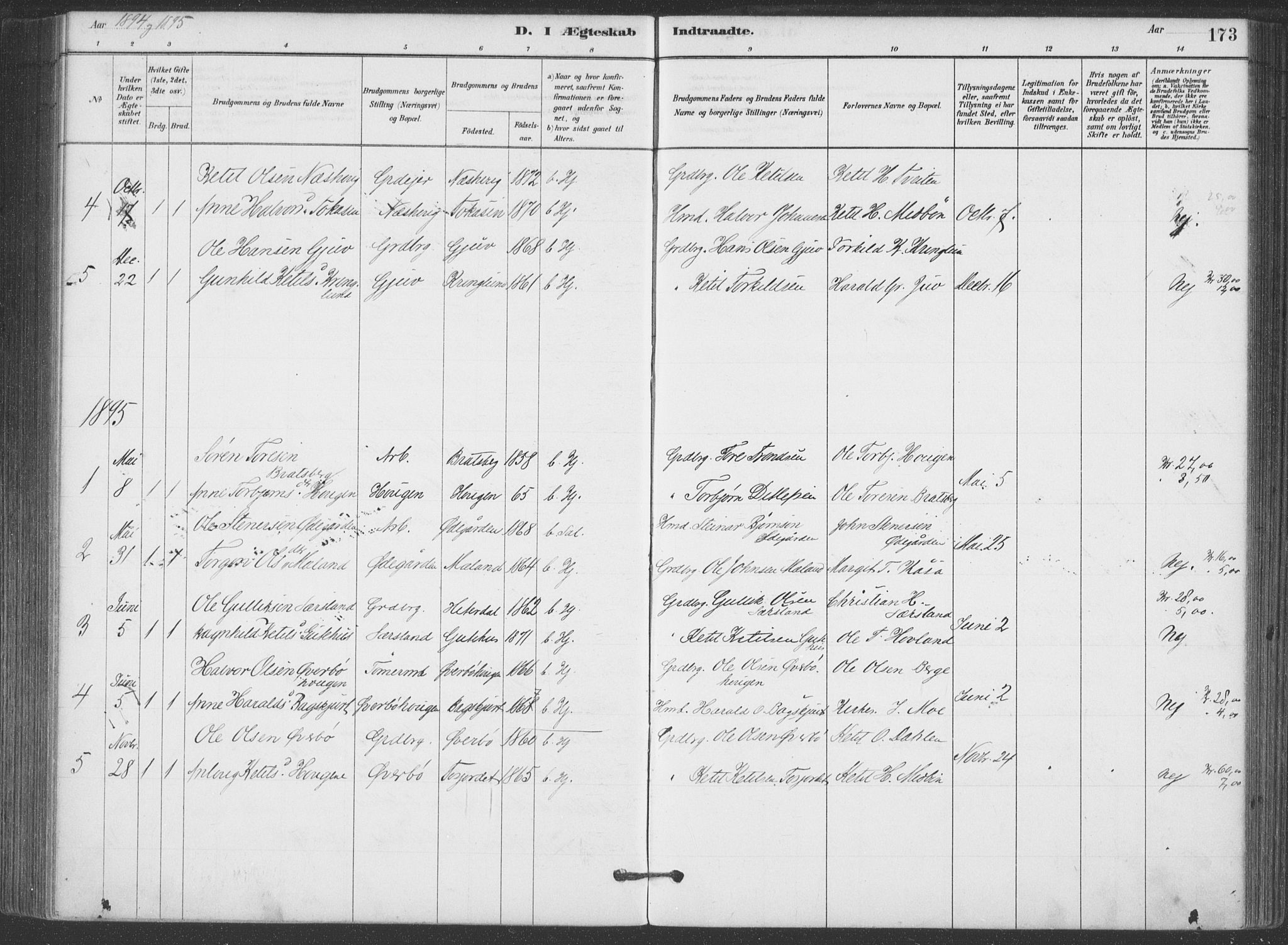 Hjartdal kirkebøker, SAKO/A-270/F/Fa/L0010: Parish register (official) no. I 10, 1880-1929, p. 173