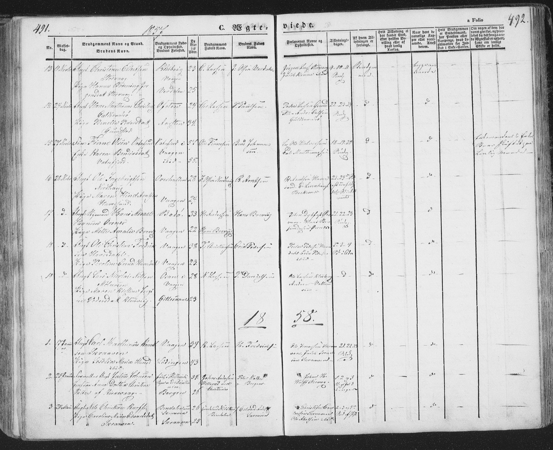 Ministerialprotokoller, klokkerbøker og fødselsregistre - Nordland, AV/SAT-A-1459/874/L1072: Parish register (copy) no. 874C01, 1843-1859, p. 491-492