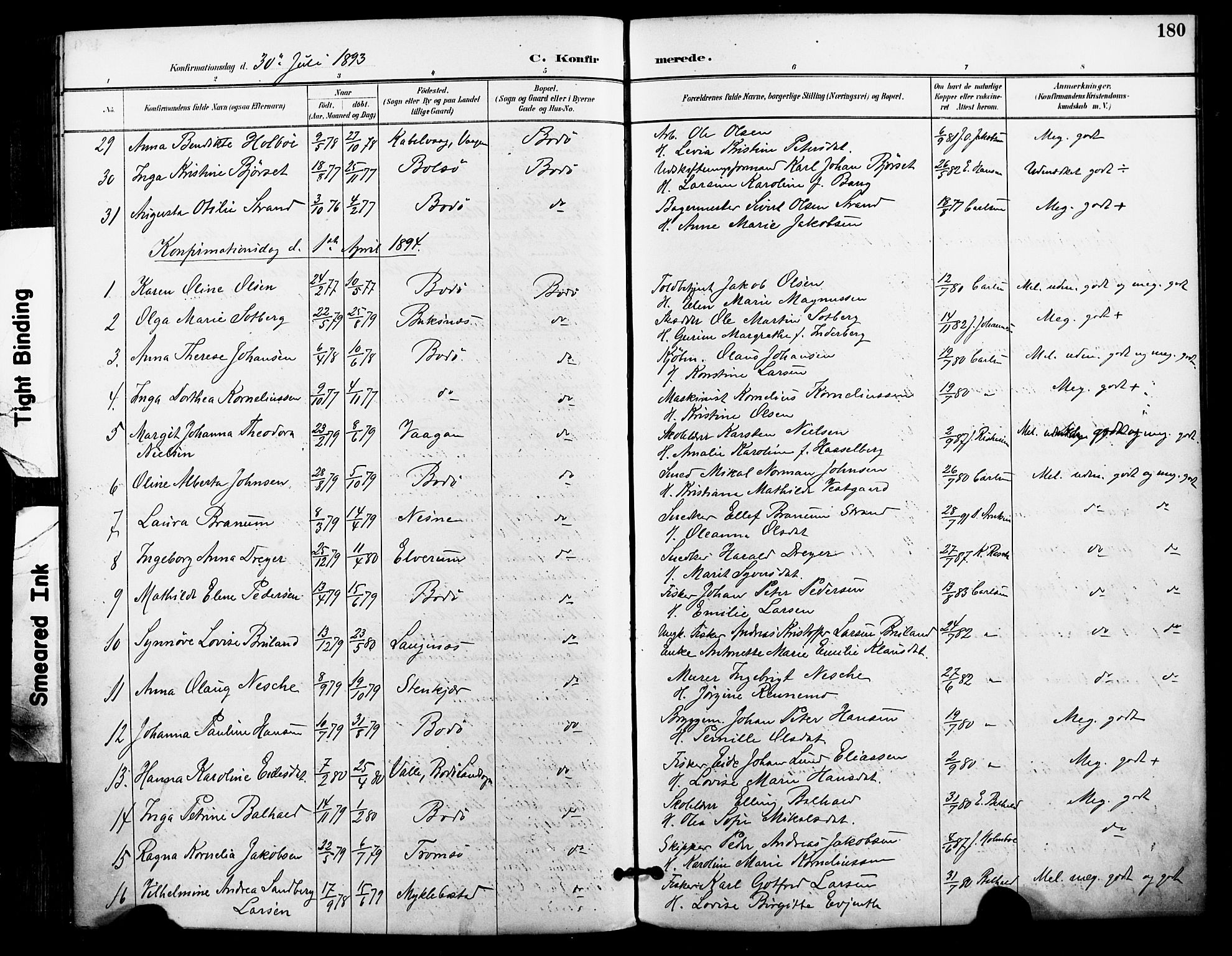 Ministerialprotokoller, klokkerbøker og fødselsregistre - Nordland, AV/SAT-A-1459/801/L0010: Parish register (official) no. 801A10, 1888-1899, p. 180