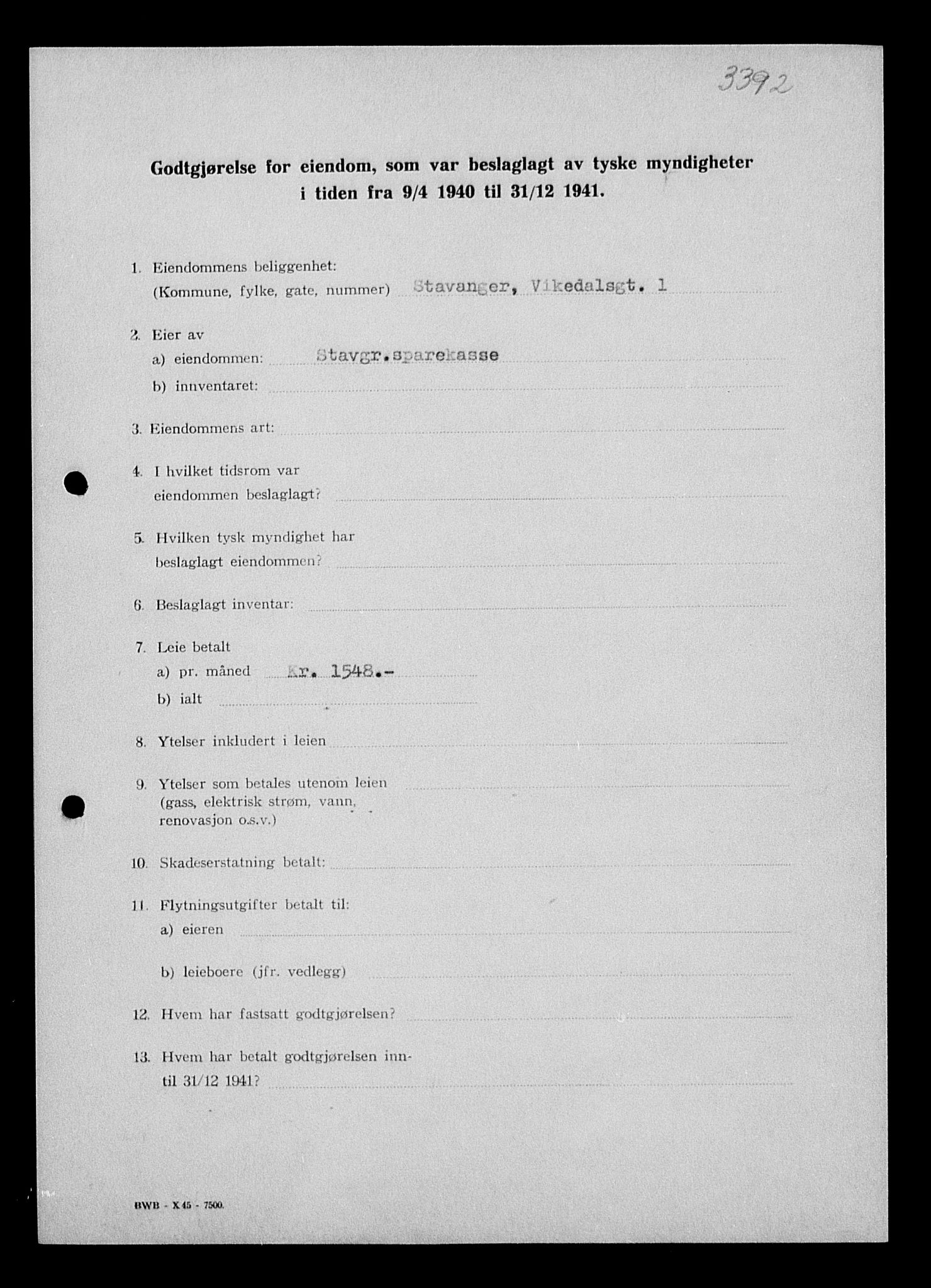 Justisdepartementet, Tilbakeføringskontoret for inndratte formuer, AV/RA-S-1564/I/L1014: Godtgjørelse for beslaglagt eiendom, 1940-1941, p. 139