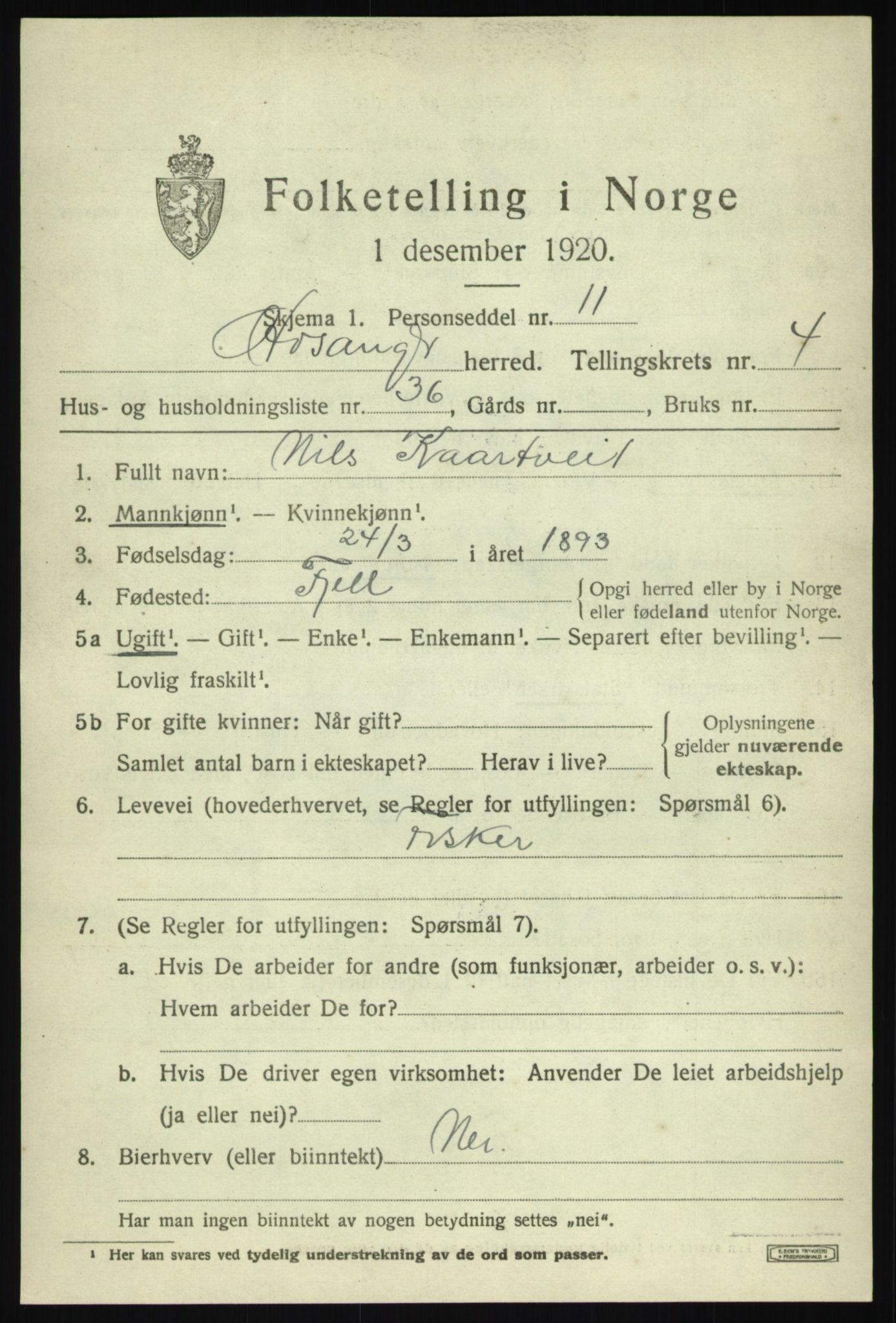 SAB, 1920 census for Hosanger, 1920, p. 2327