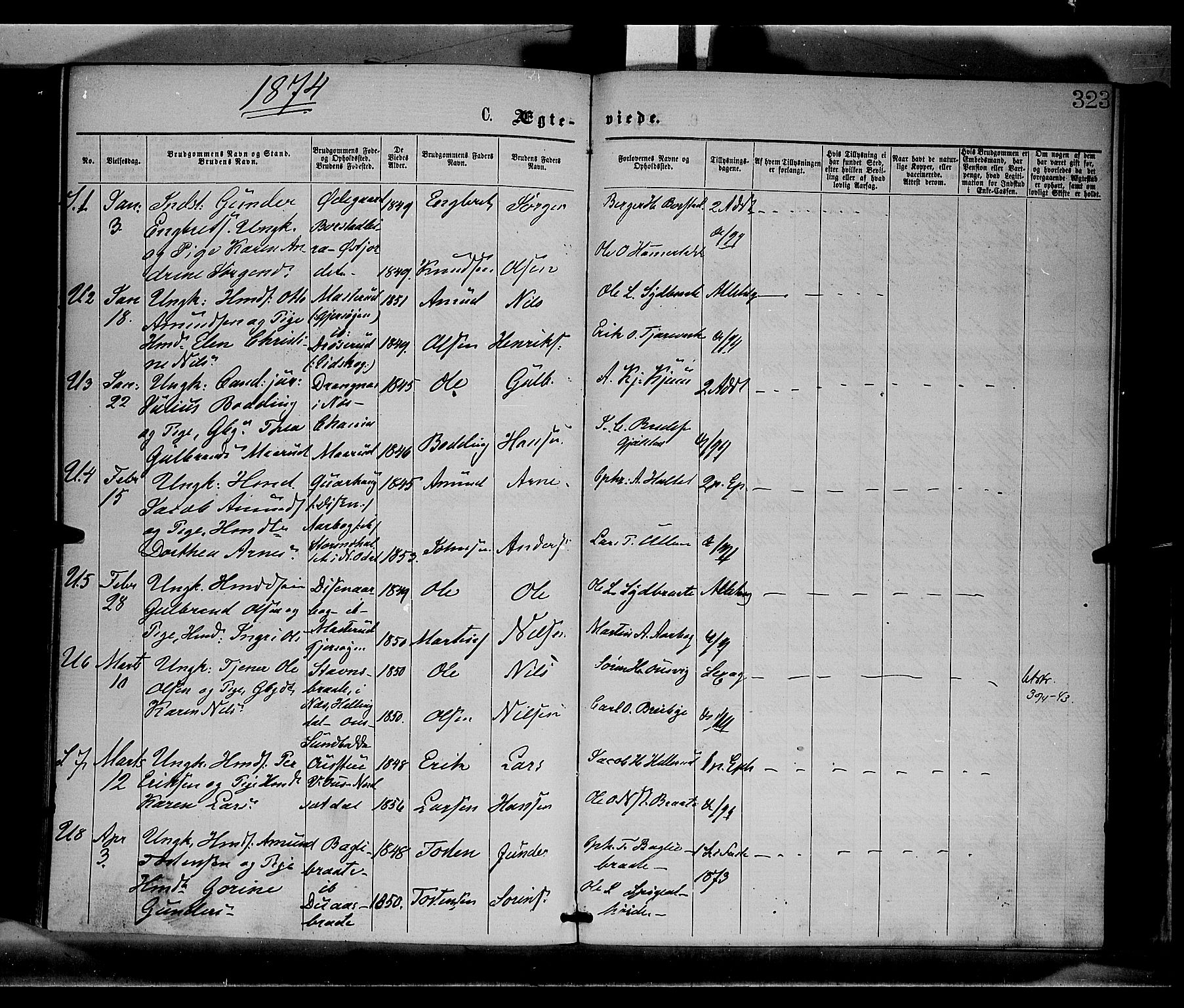 Sør-Odal prestekontor, SAH/PREST-030/H/Ha/Haa/L0004: Parish register (official) no. 4, 1870-1875, p. 323