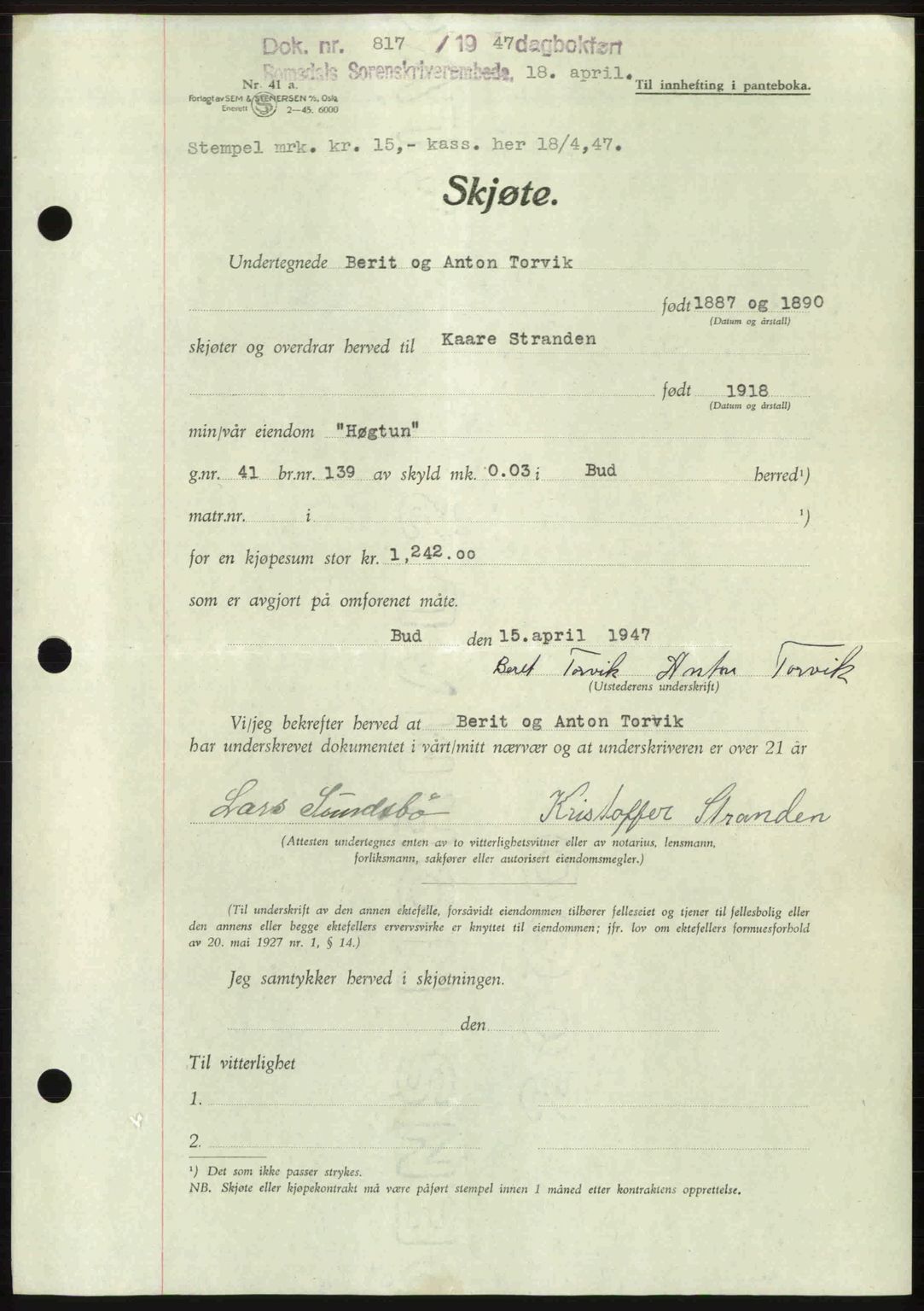 Romsdal sorenskriveri, SAT/A-4149/1/2/2C: Mortgage book no. A22, 1947-1947, Diary no: : 817/1947