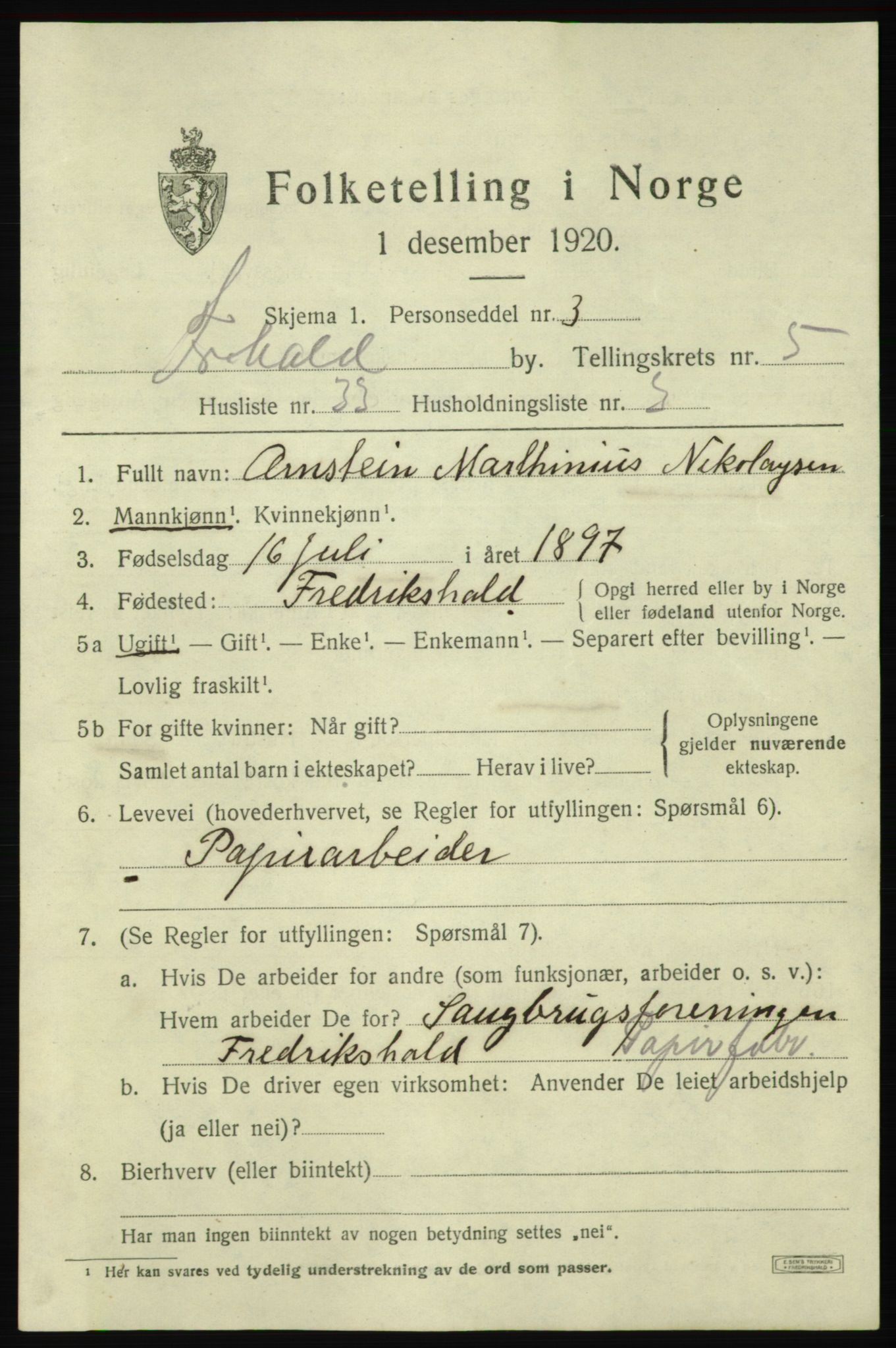 SAO, 1920 census for Fredrikshald, 1920, p. 12801