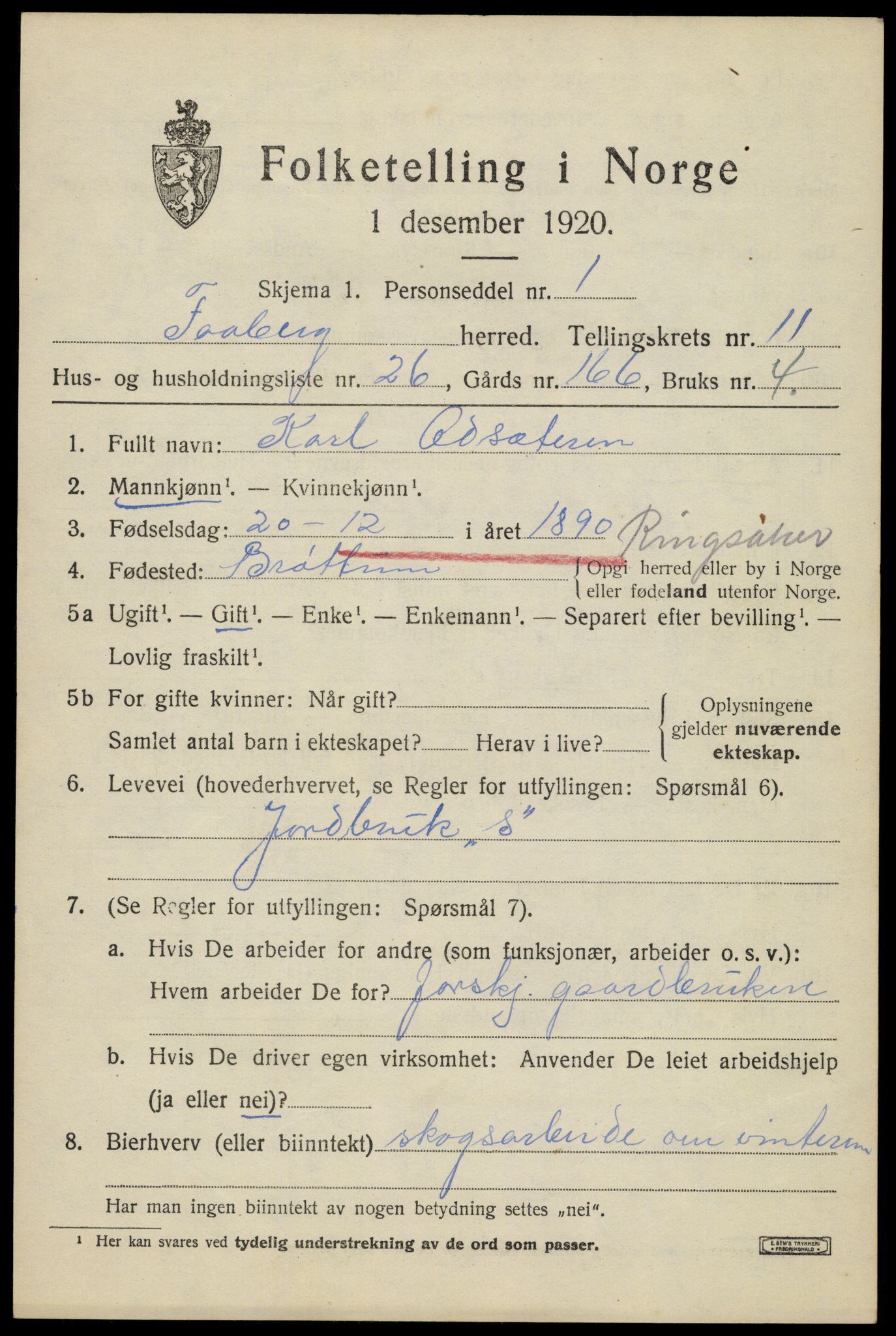 SAH, 1920 census for Fåberg, 1920, p. 12128