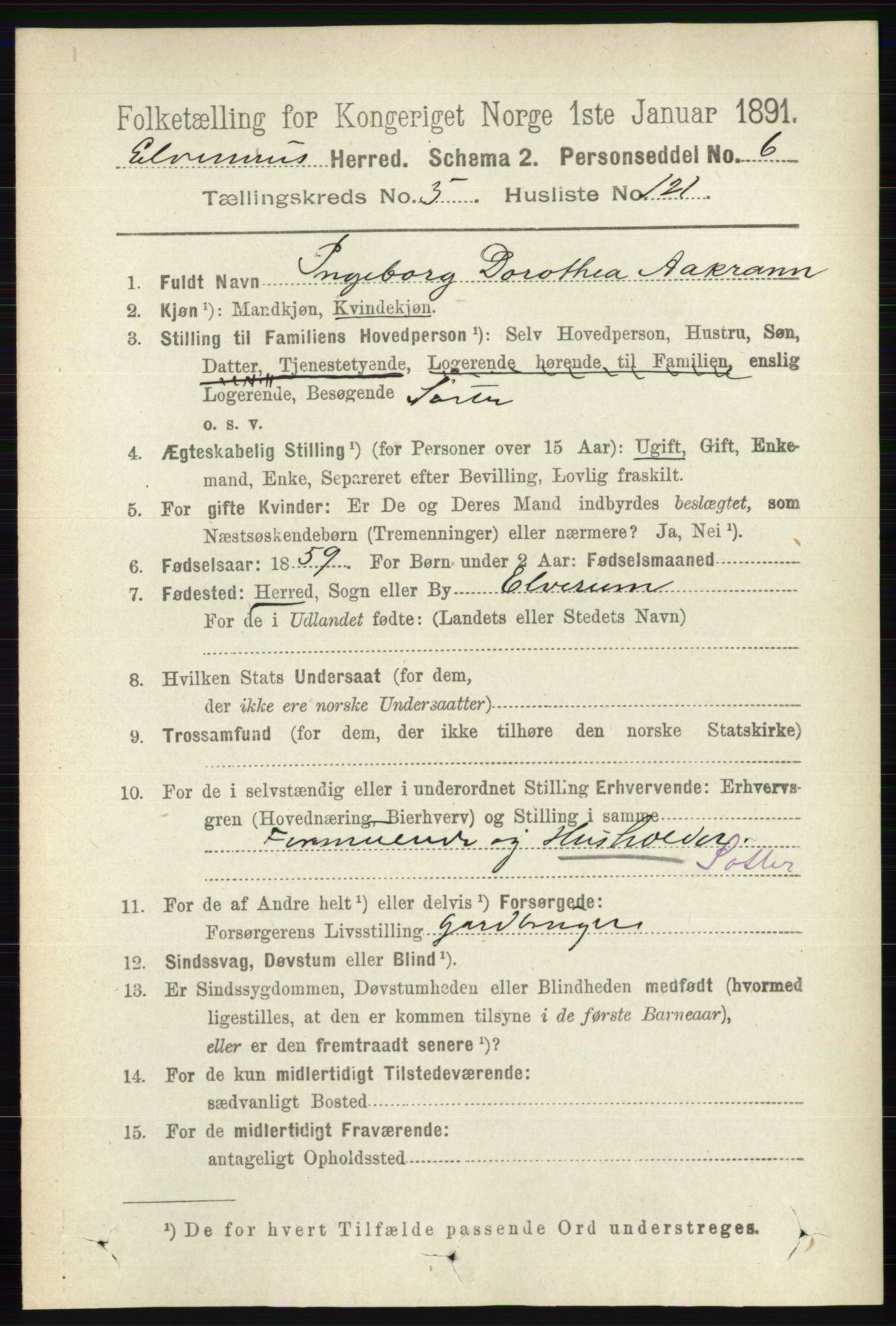 RA, 1891 census for 0427 Elverum, 1891, p. 3983