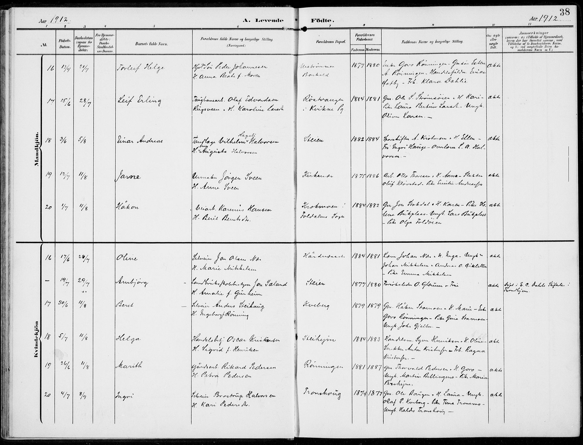 Alvdal prestekontor, AV/SAH-PREST-060/H/Ha/Haa/L0004: Parish register (official) no. 4, 1907-1919, p. 38