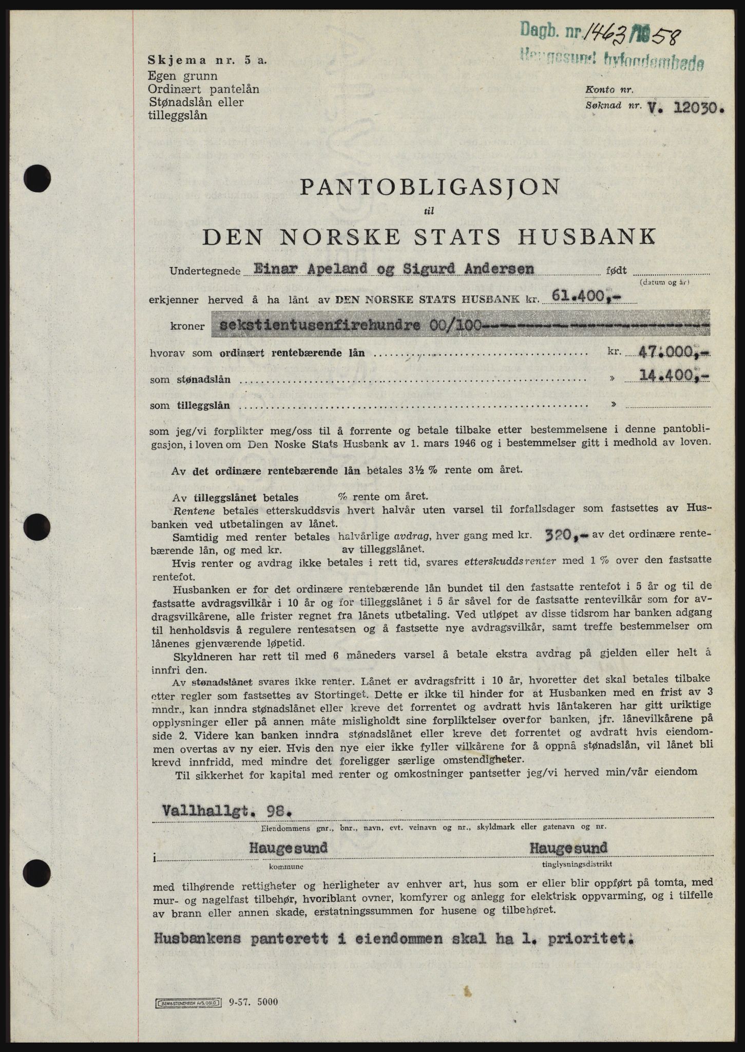 Haugesund tingrett, SAST/A-101415/01/II/IIC/L0044: Mortgage book no. B 44, 1958-1959, Diary no: : 1463/1958