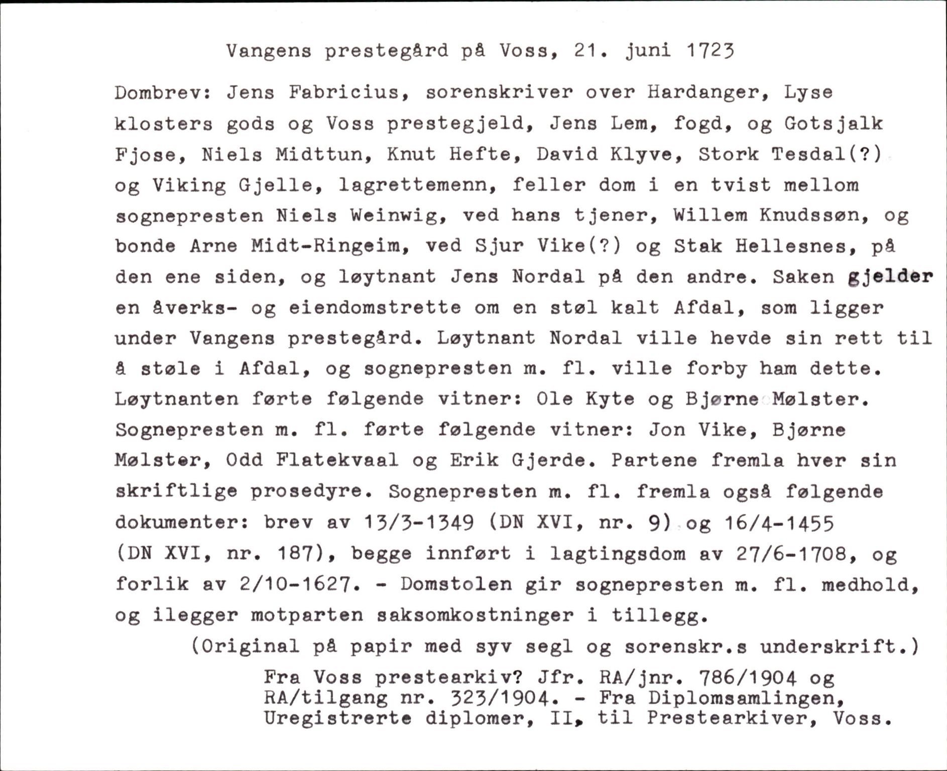 Riksarkivets diplomsamling, AV/RA-EA-5965/F35/F35k/L0003: Regestsedler: Prestearkiver fra Telemark, Agder, Vestlandet og Trøndelag, p. 417