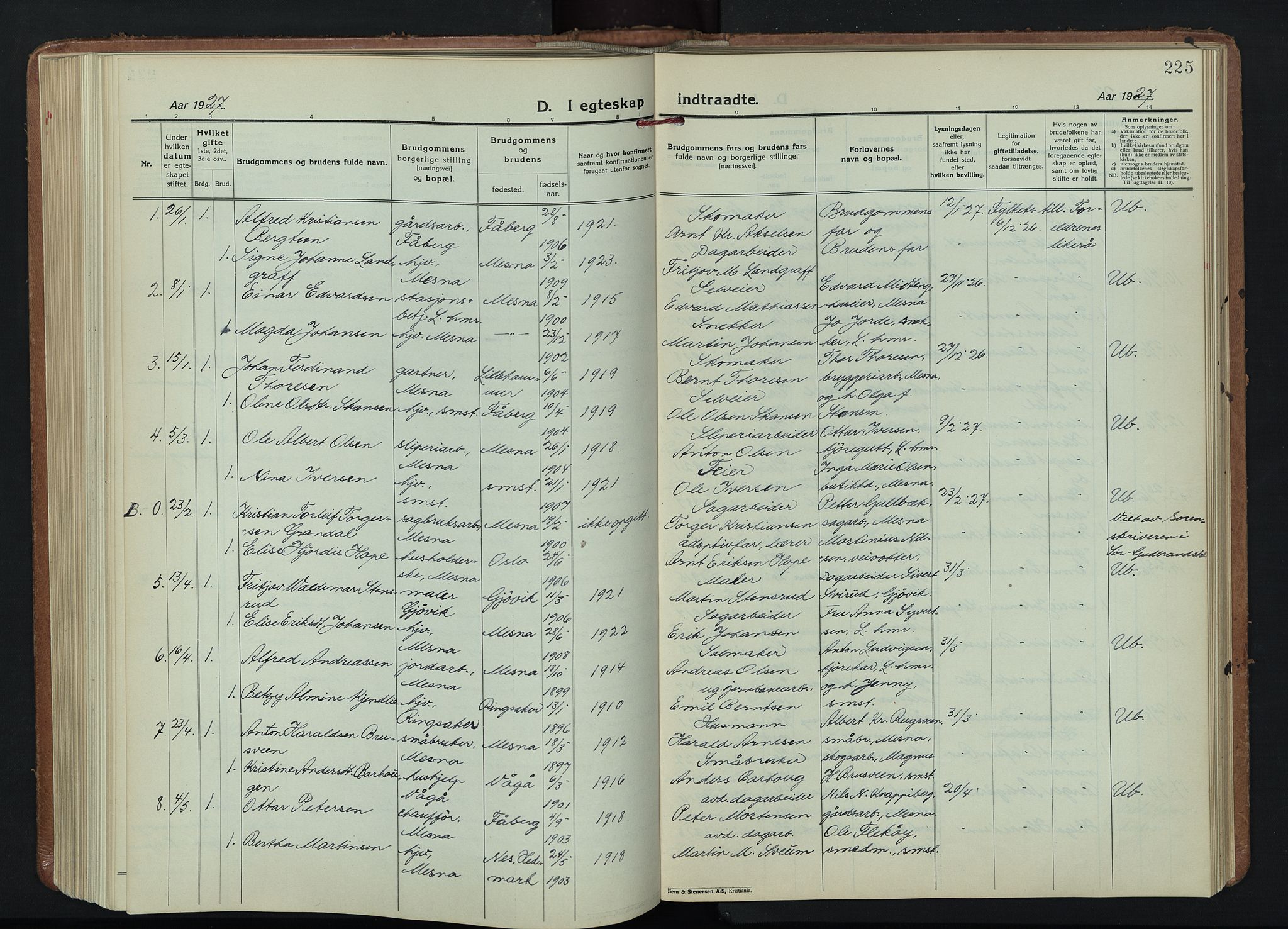 Fåberg prestekontor, SAH/PREST-086/H/Ha/Hab/L0015: Parish register (copy) no. 15, 1924-1949, p. 225