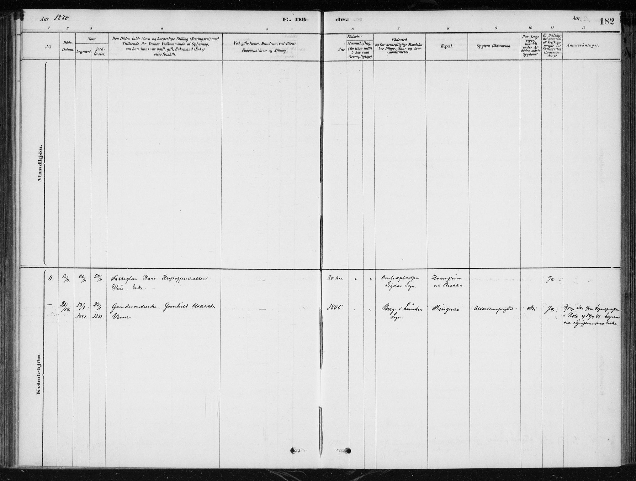 Krødsherad kirkebøker, AV/SAKO-A-19/F/Fa/L0005: Parish register (official) no. 5, 1879-1888, p. 182