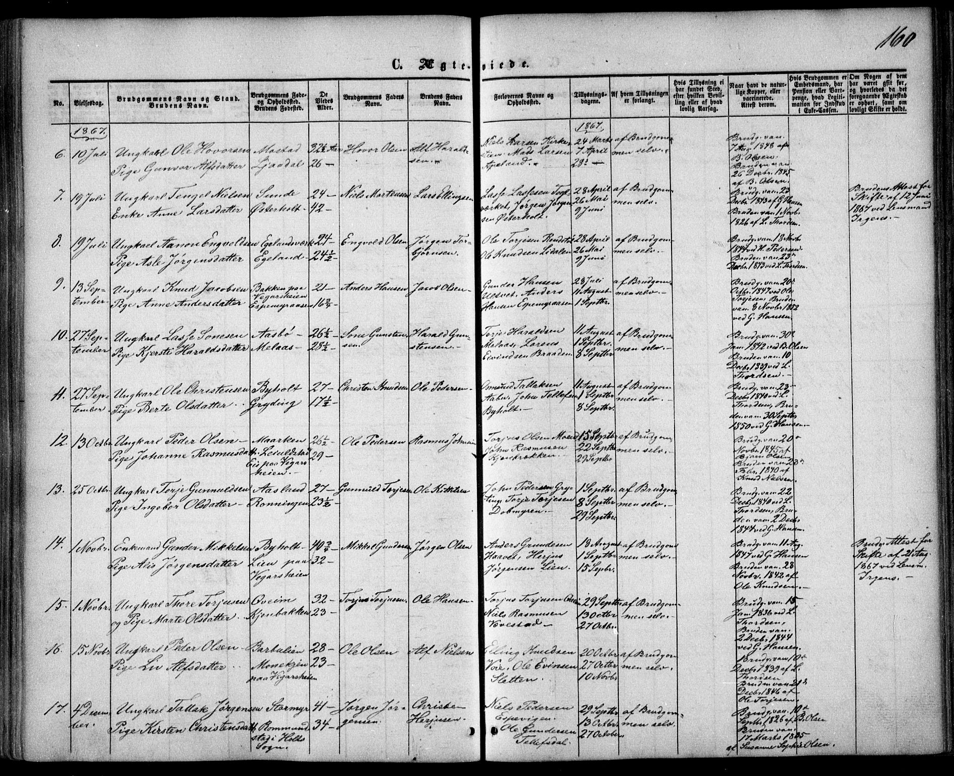 Gjerstad sokneprestkontor, SAK/1111-0014/F/Fa/Faa/L0007: Parish register (official) no. A 7, 1858-1875, p. 160