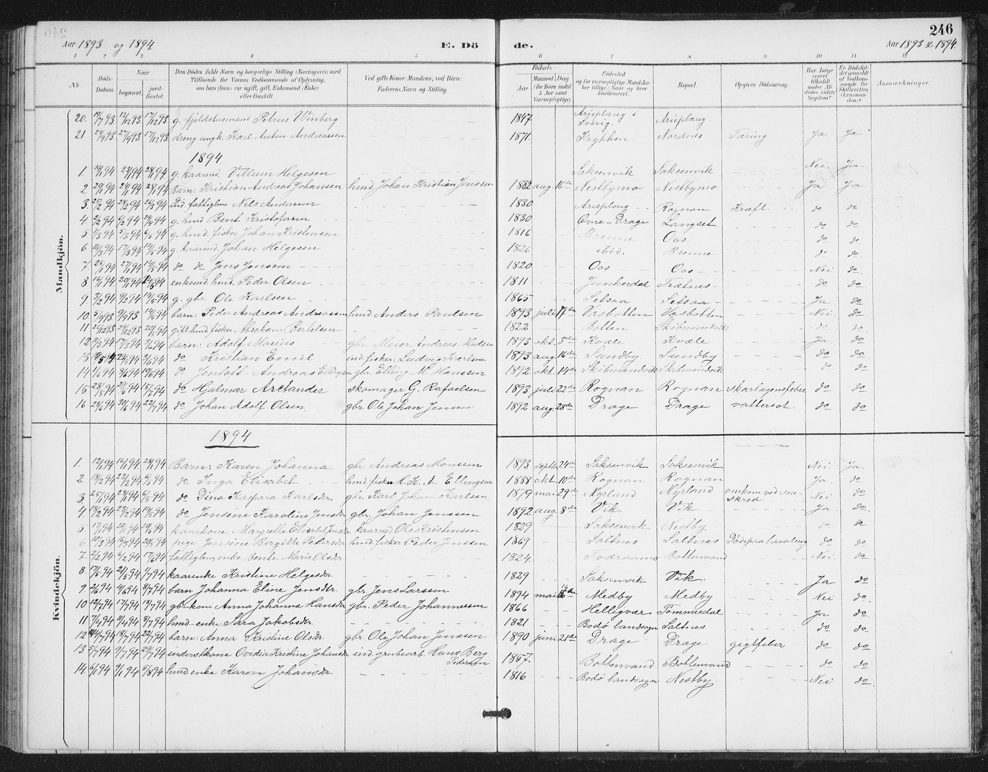 Ministerialprotokoller, klokkerbøker og fødselsregistre - Nordland, AV/SAT-A-1459/847/L0682: Parish register (copy) no. 847C10, 1889-1907, p. 246