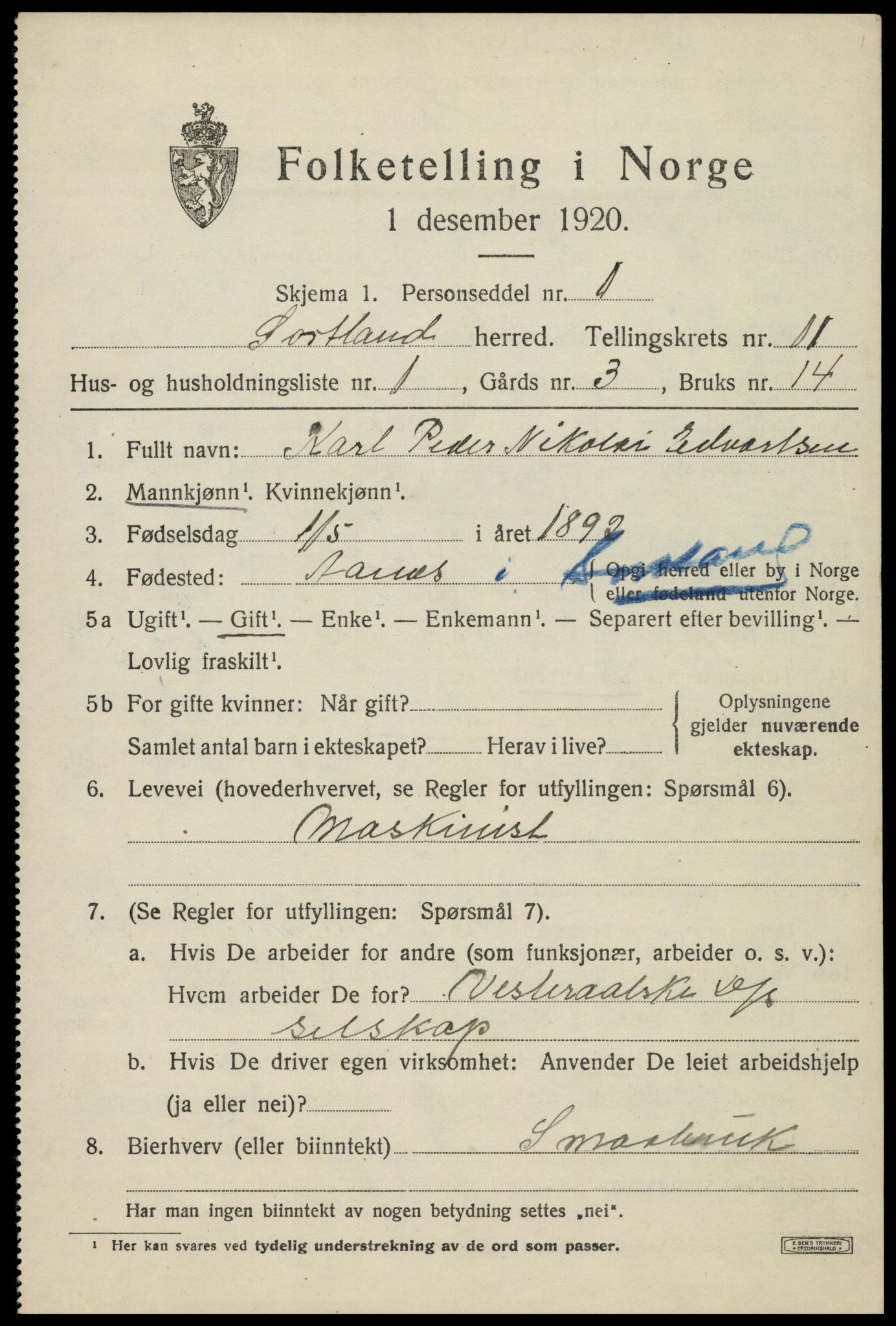 SAT, 1920 census for Sortland, 1920, p. 8016