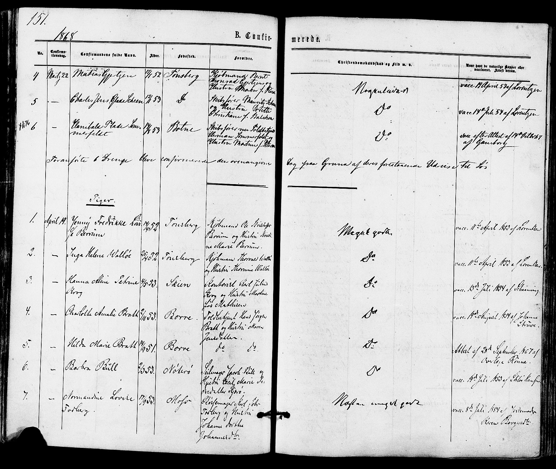 Tønsberg kirkebøker, SAKO/A-330/F/Fa/L0009: Parish register (official) no. I 9, 1865-1873, p. 151