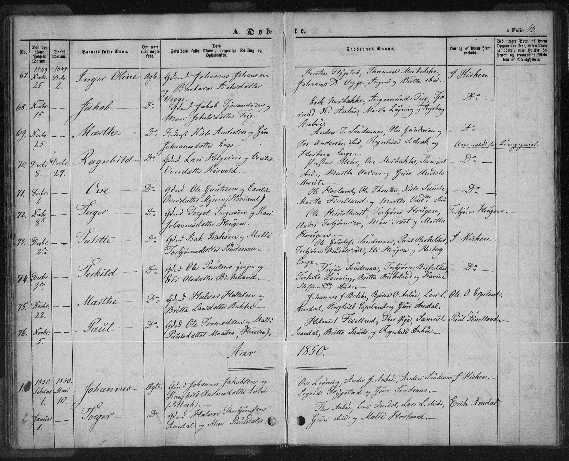 Sand sokneprestkontor, AV/SAST-A-101848/01/III/L0002: Parish register (official) no. A 2, 1838-1859, p. 43