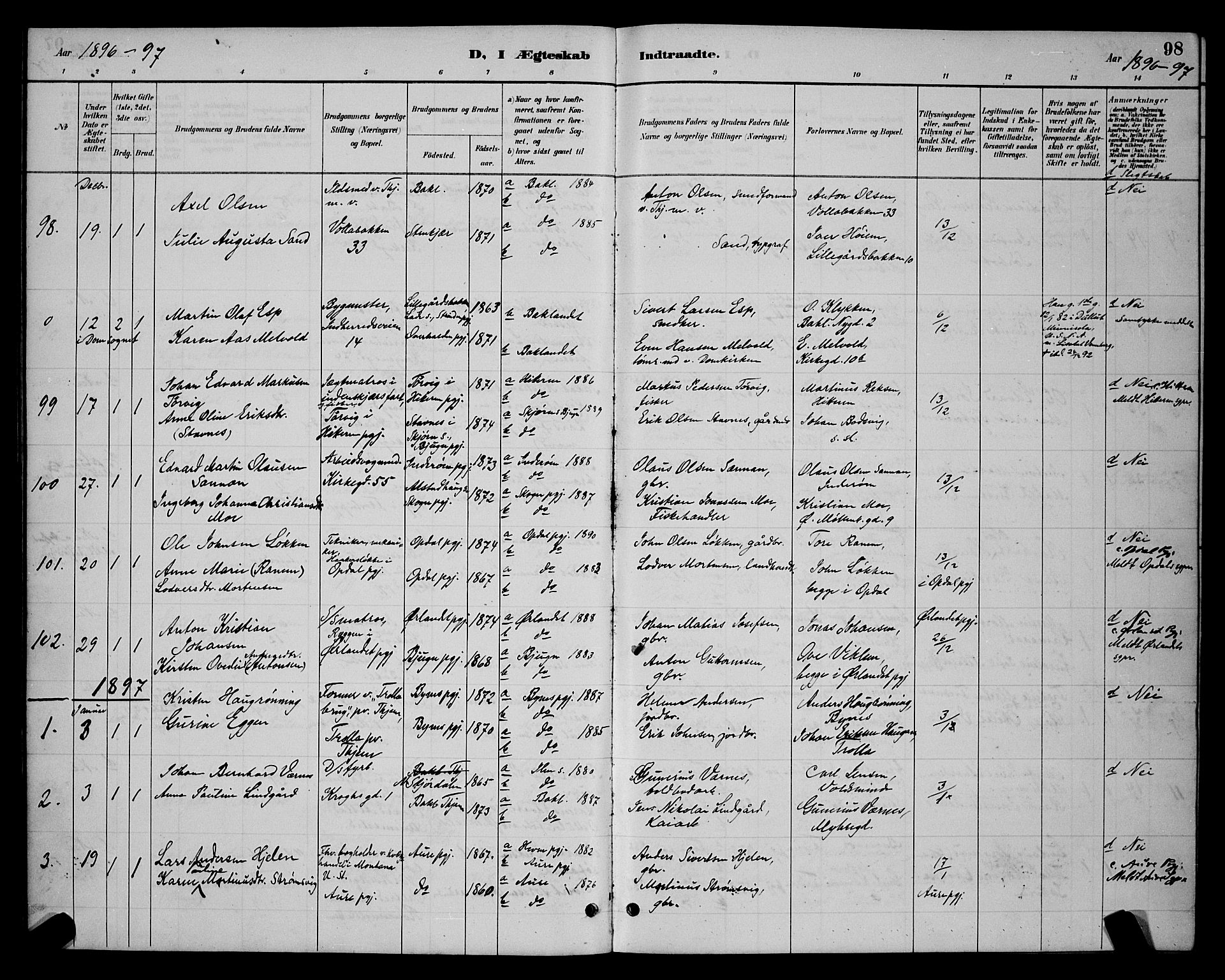 Ministerialprotokoller, klokkerbøker og fødselsregistre - Sør-Trøndelag, AV/SAT-A-1456/604/L0223: Parish register (copy) no. 604C06, 1886-1897, p. 98