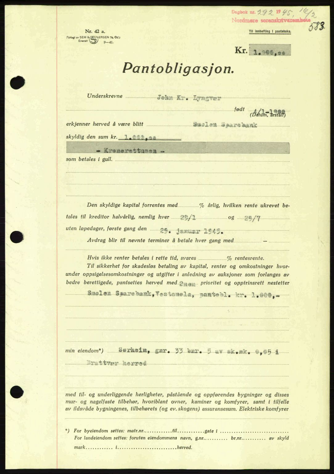 Nordmøre sorenskriveri, AV/SAT-A-4132/1/2/2Ca: Mortgage book no. B92, 1944-1945, Diary no: : 292/1945