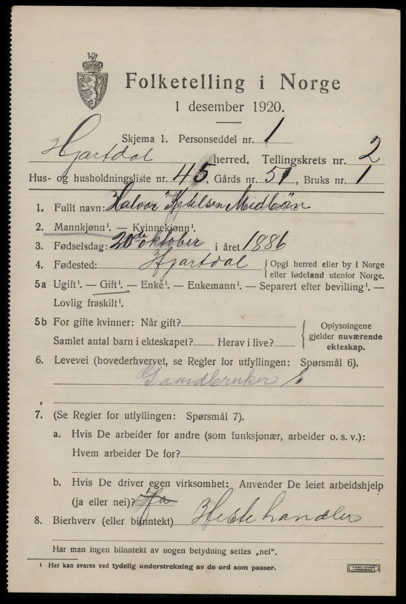 SAKO, 1920 census for Hjartdal, 1920, p. 2284