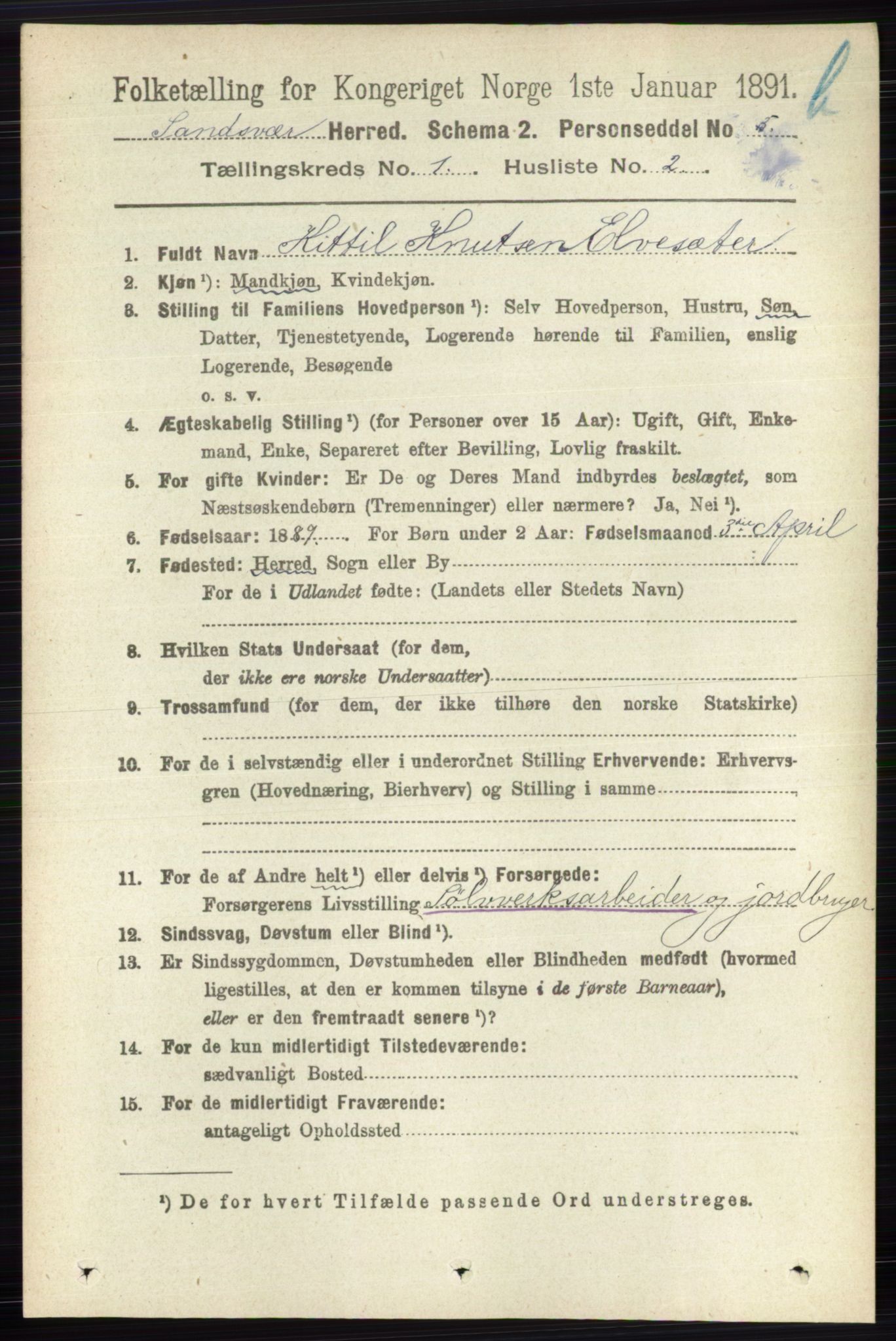 RA, 1891 census for 0629 Sandsvær, 1891, p. 5561