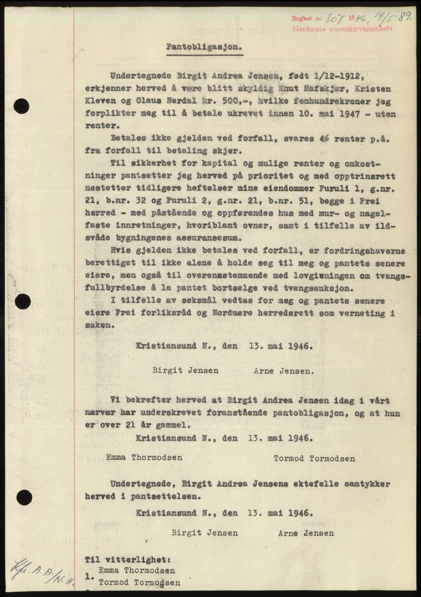 Nordmøre sorenskriveri, AV/SAT-A-4132/1/2/2Ca: Mortgage book no. B94, 1946-1946, Diary no: : 807/1946