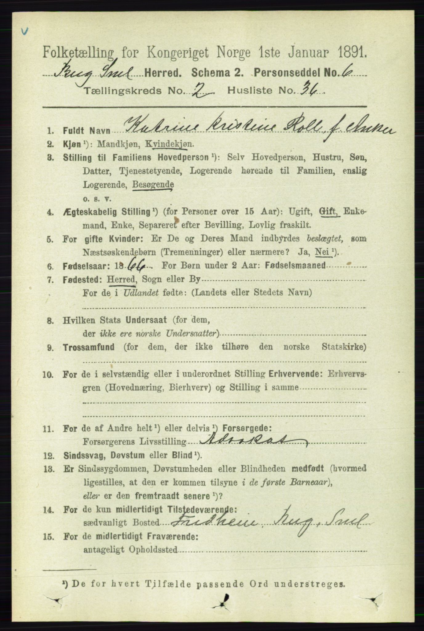 RA, 1891 census for 0116 Berg, 1891, p. 1225