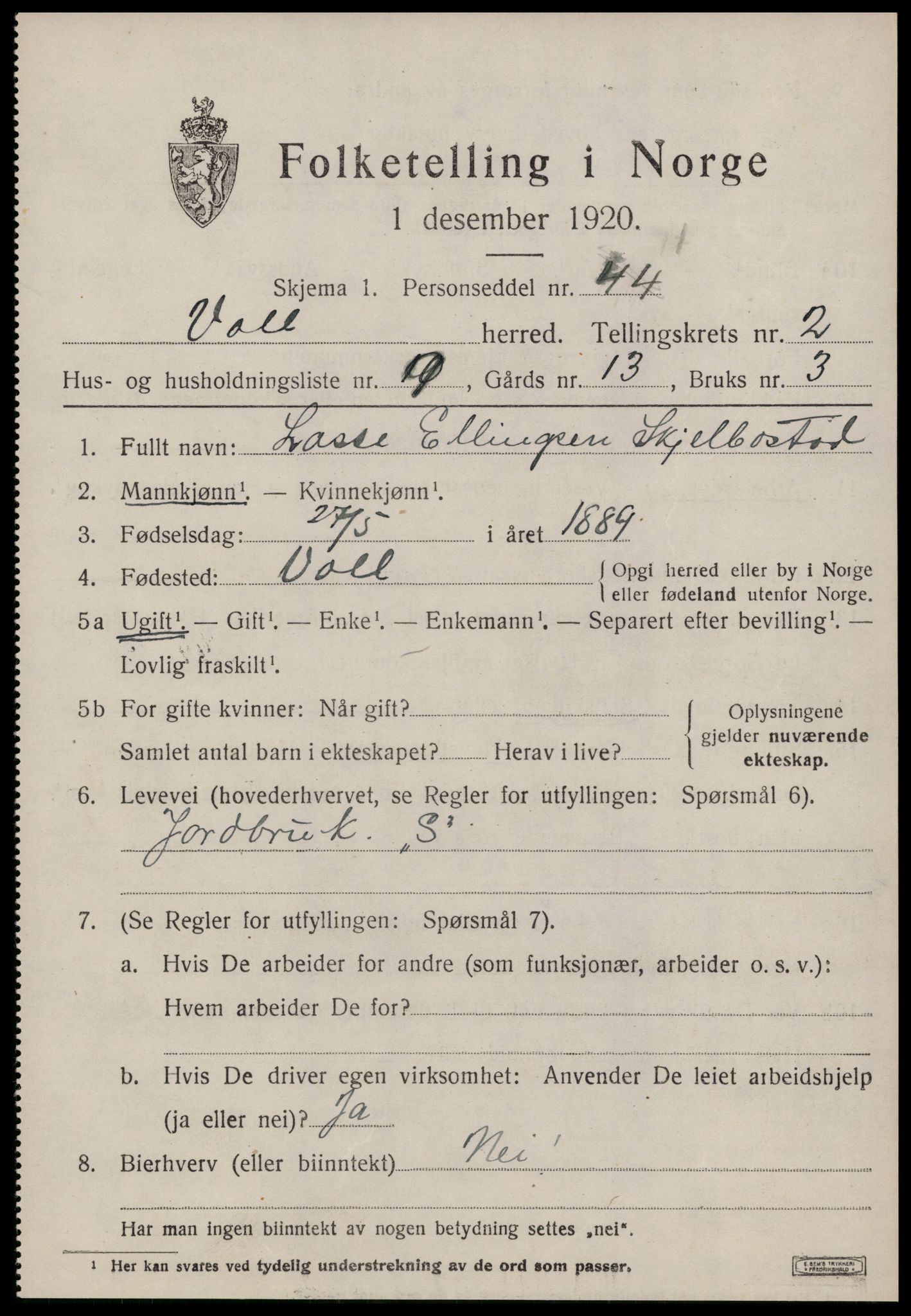 SAT, 1920 census for Voll, 1920, p. 881