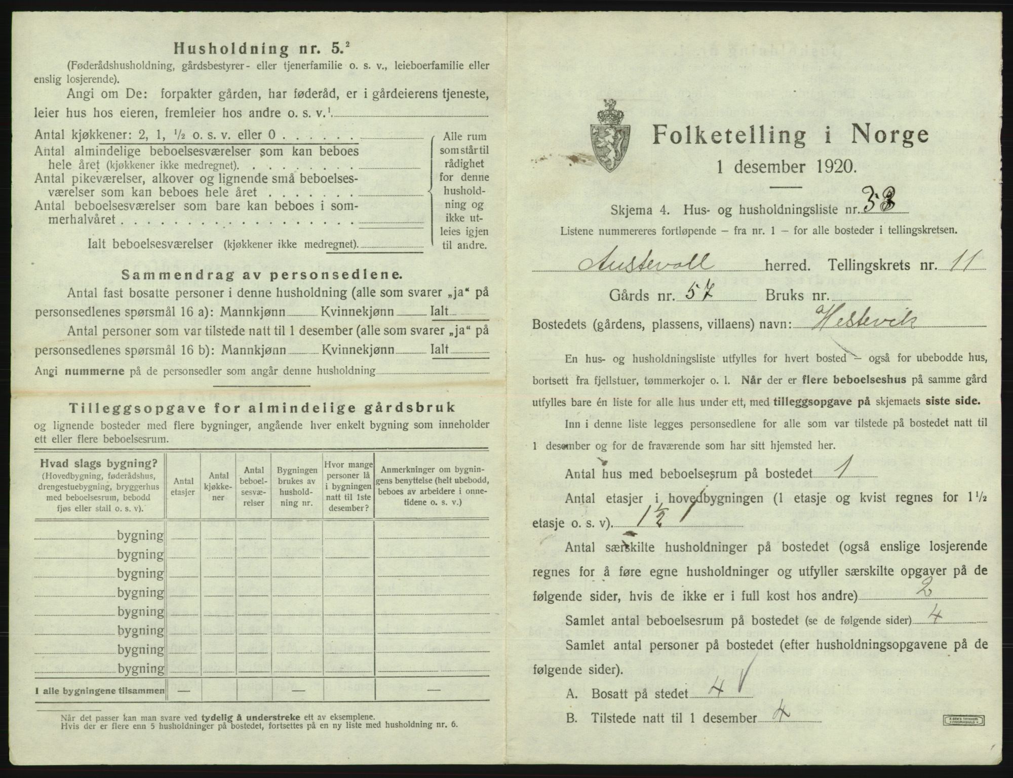 SAB, 1920 census for Austevoll, 1920, p. 877