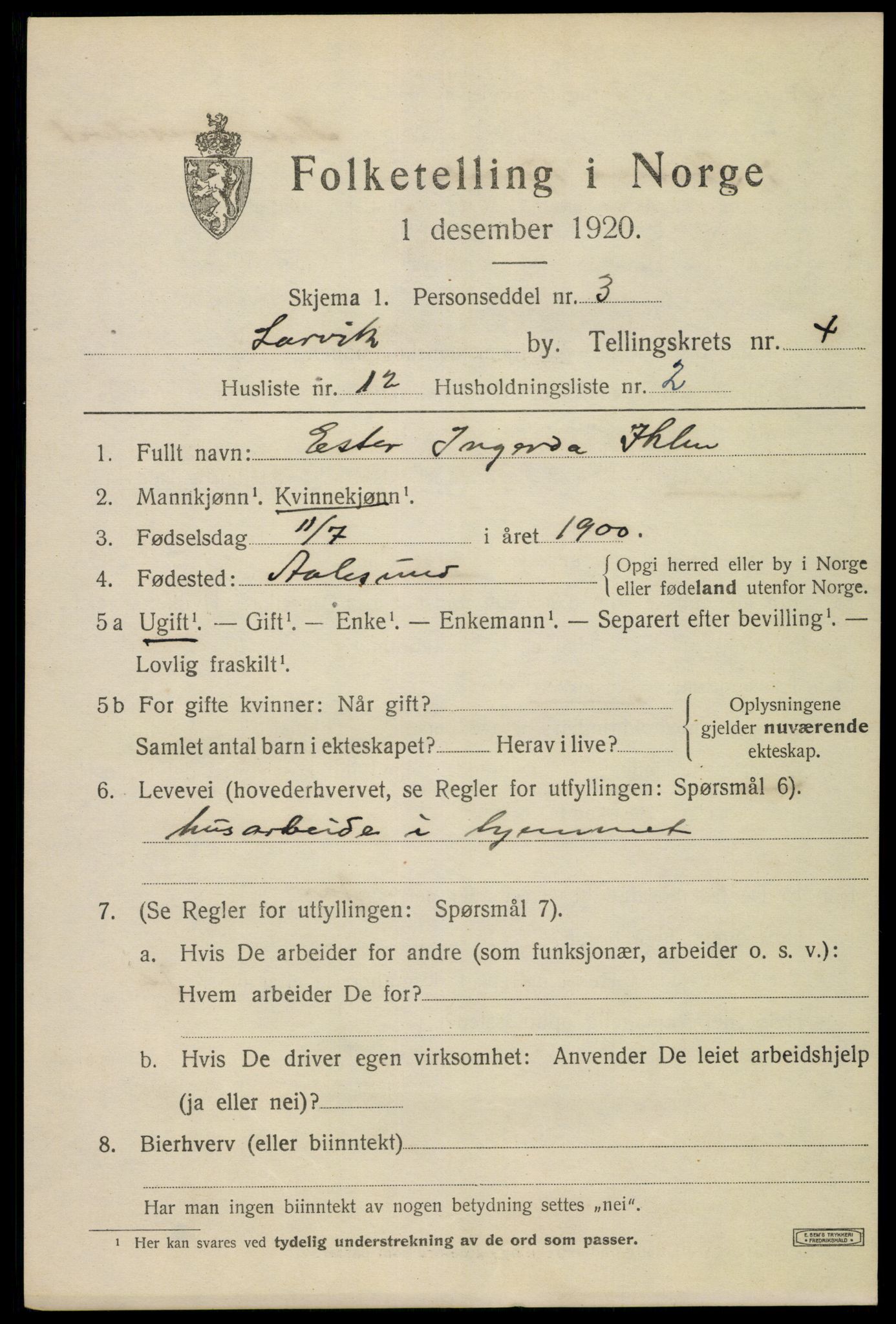 SAKO, 1920 census for Larvik, 1920, p. 13626