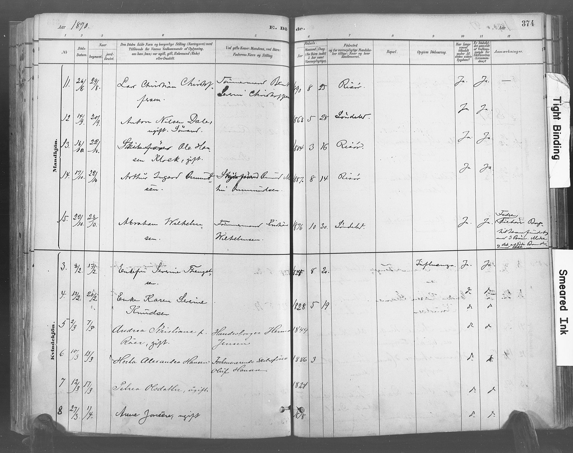 Risør sokneprestkontor, AV/SAK-1111-0035/F/Fa/L0005: Parish register (official) no. A 5, 1883-1895, p. 374