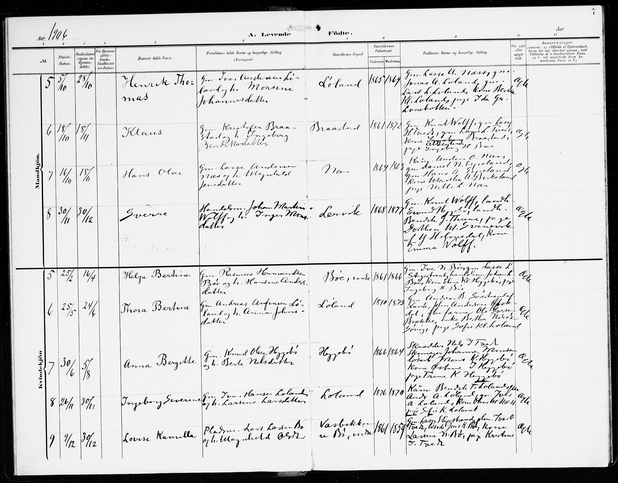 Hyllestad sokneprestembete, SAB/A-80401: Parish register (official) no. C 2, 1904-1917, p. 7