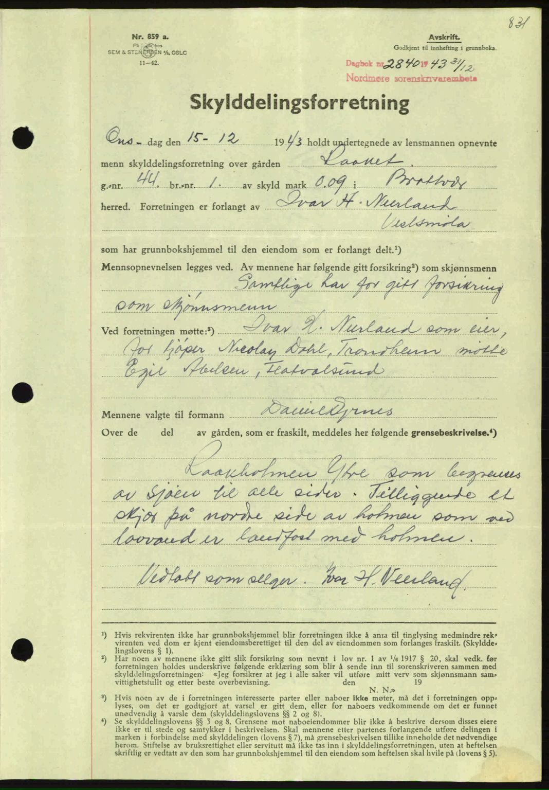 Nordmøre sorenskriveri, AV/SAT-A-4132/1/2/2Ca: Mortgage book no. A96, 1943-1944, Diary no: : 2840/1943