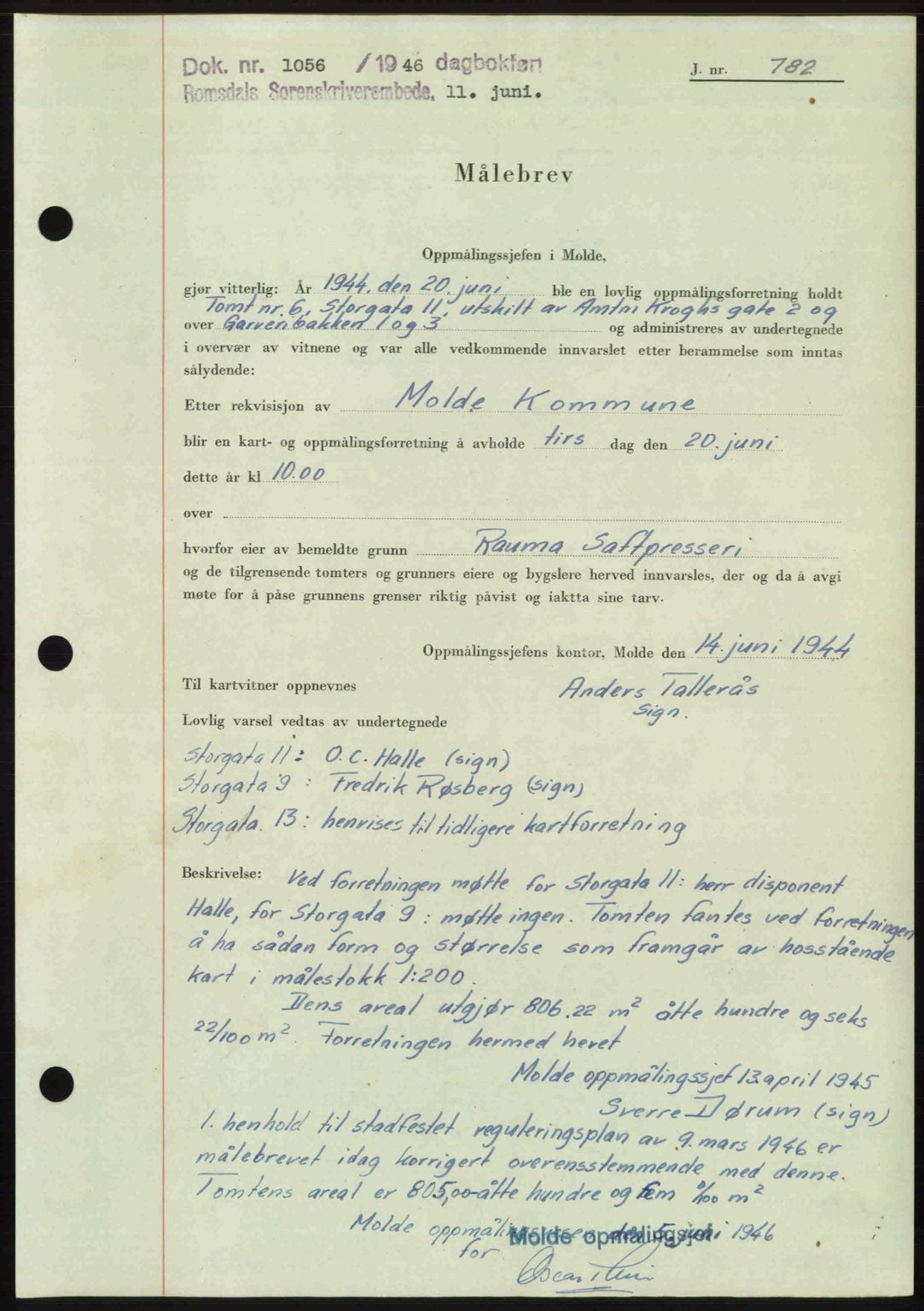 Romsdal sorenskriveri, AV/SAT-A-4149/1/2/2C: Mortgage book no. A20, 1946-1946, Diary no: : 1056/1946