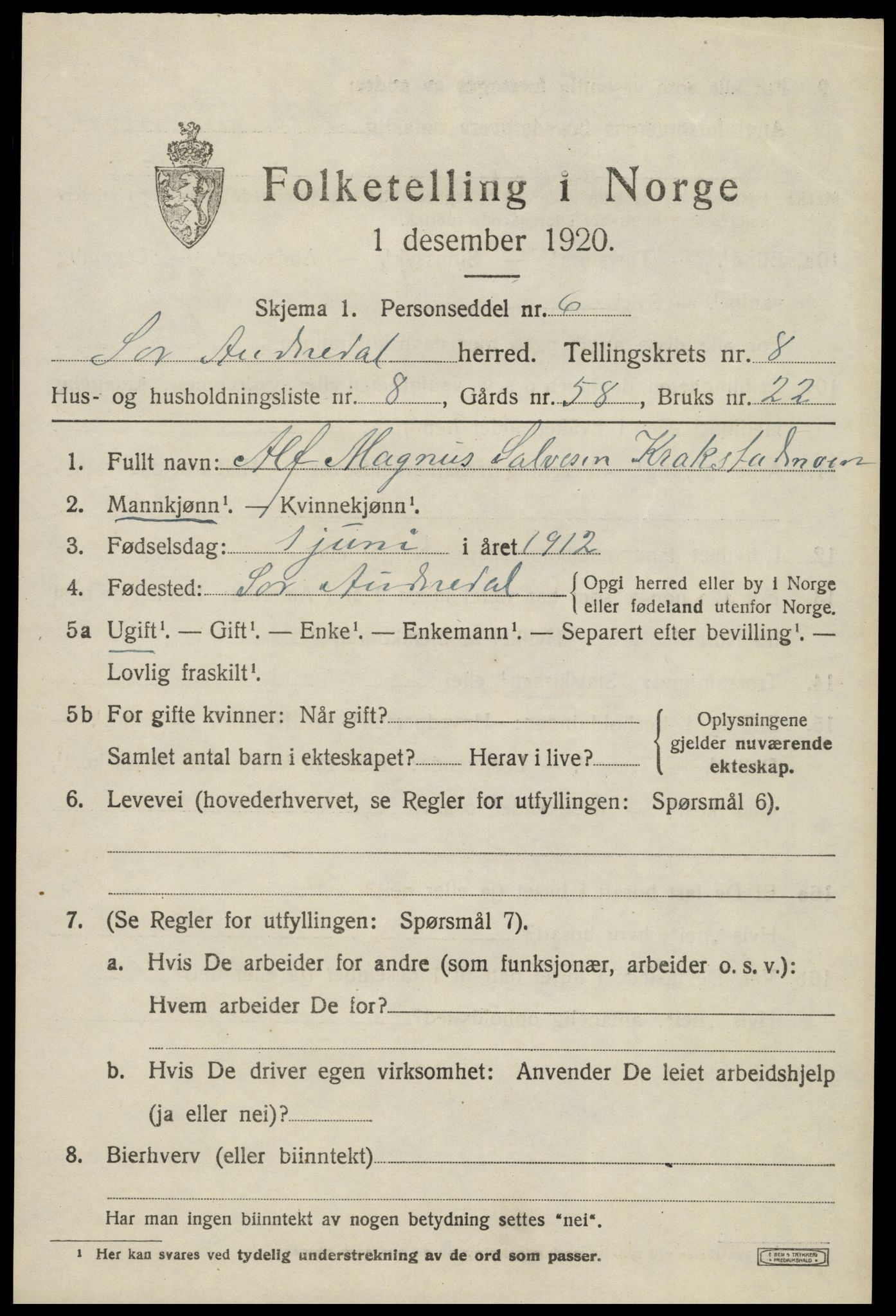 SAK, 1920 census for Sør-Audnedal, 1920, p. 3279