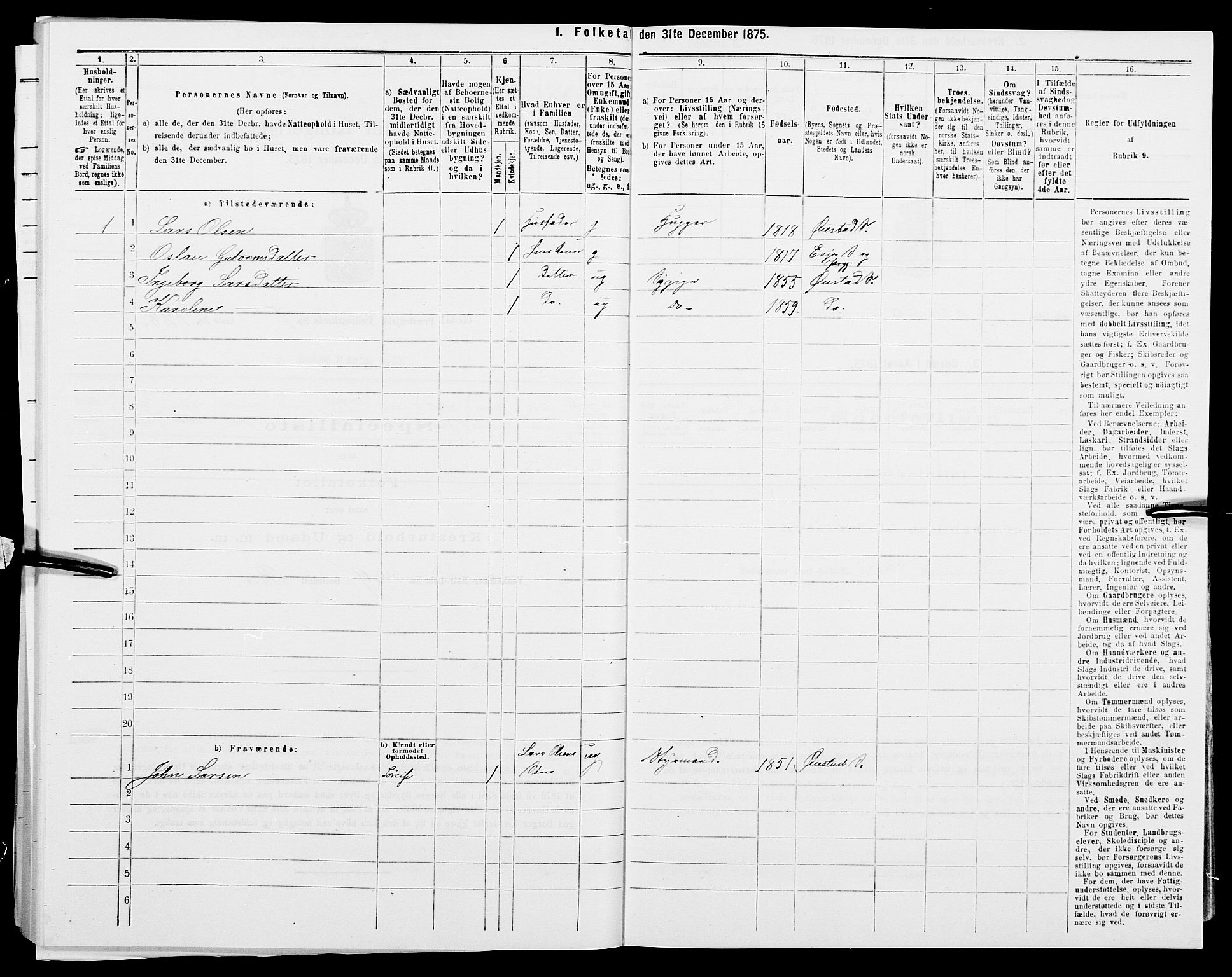 SAK, 1875 census for 0920P Øyestad, 1875, p. 1104