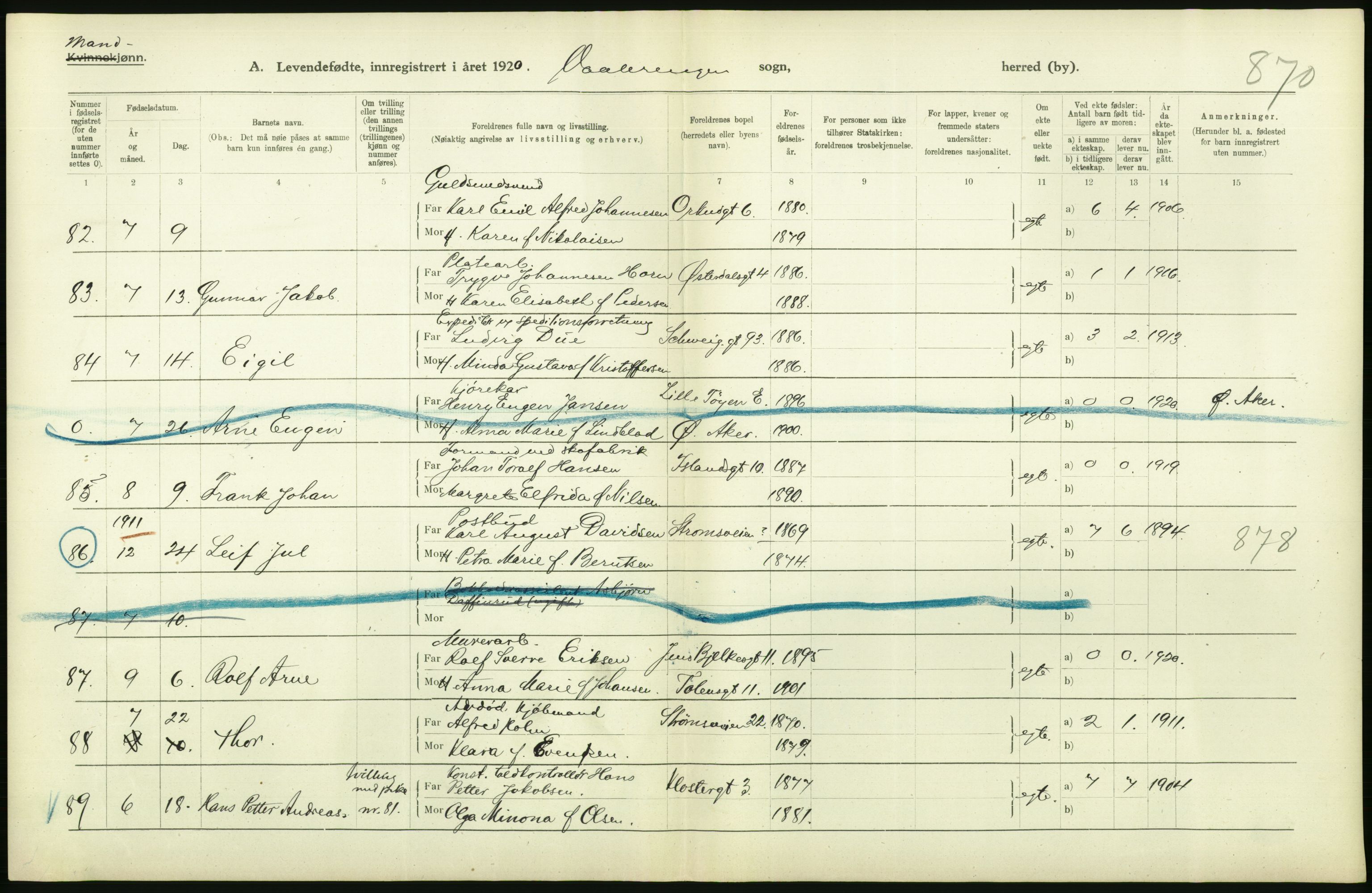 Statistisk sentralbyrå, Sosiodemografiske emner, Befolkning, AV/RA-S-2228/D/Df/Dfb/Dfbj/L0008: Kristiania: Levendefødte menn og kvinner., 1920, p. 100