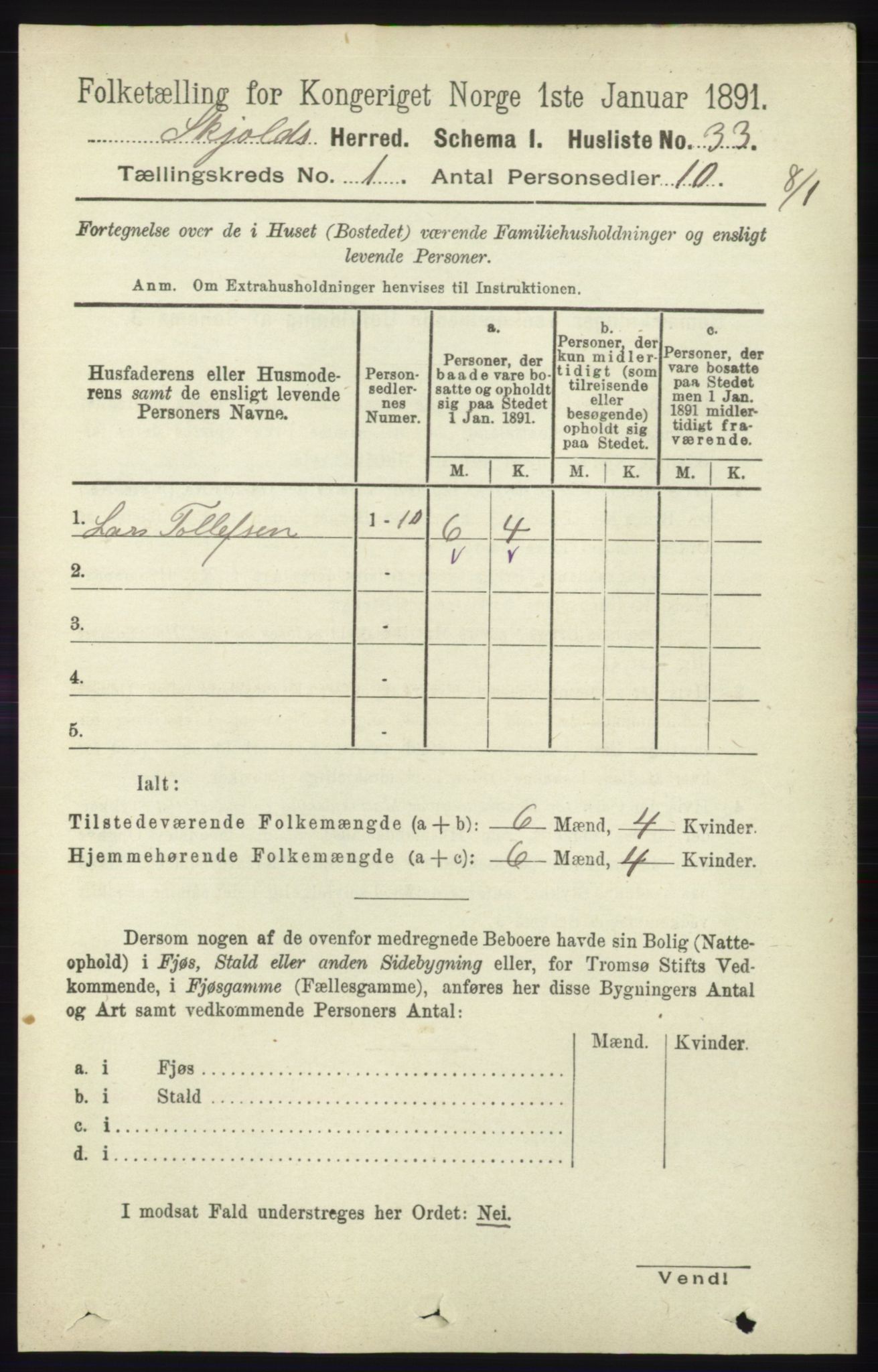 RA, 1891 census for 1154 Skjold, 1891, p. 67