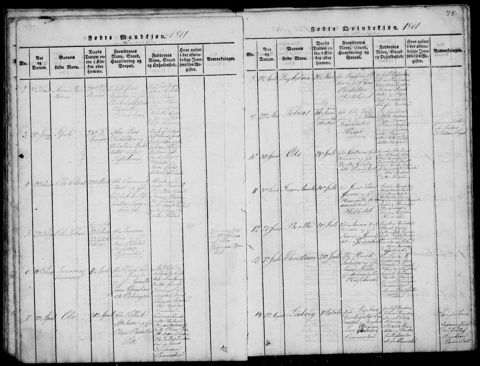 Lyngdal sokneprestkontor, AV/SAK-1111-0029/F/Fb/Fbb/L0001: Parish register (copy) no. B 1, 1816-1900, p. 78