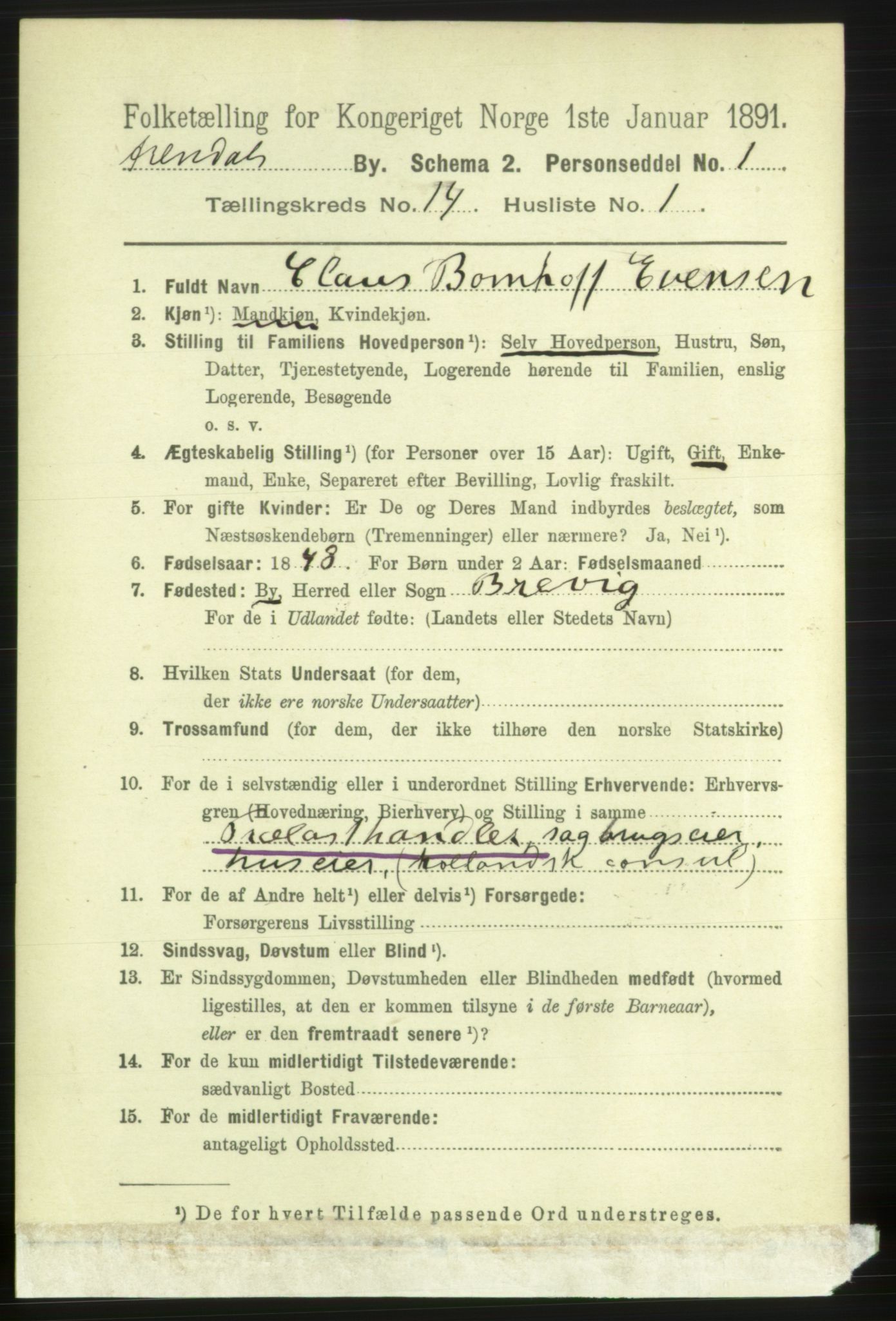 RA, 1891 census for 0903 Arendal, 1891, p. 4770