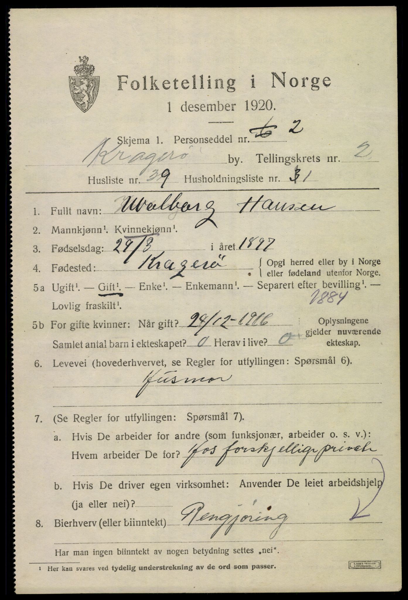SAKO, 1920 census for Kragerø, 1920, p. 5813