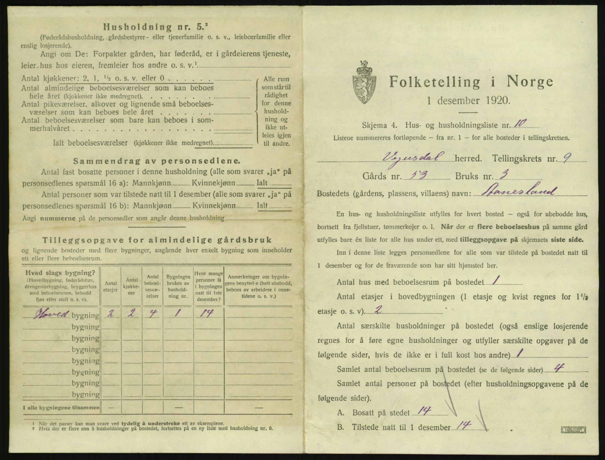 SAK, 1920 census for Vegusdal, 1920, p. 341