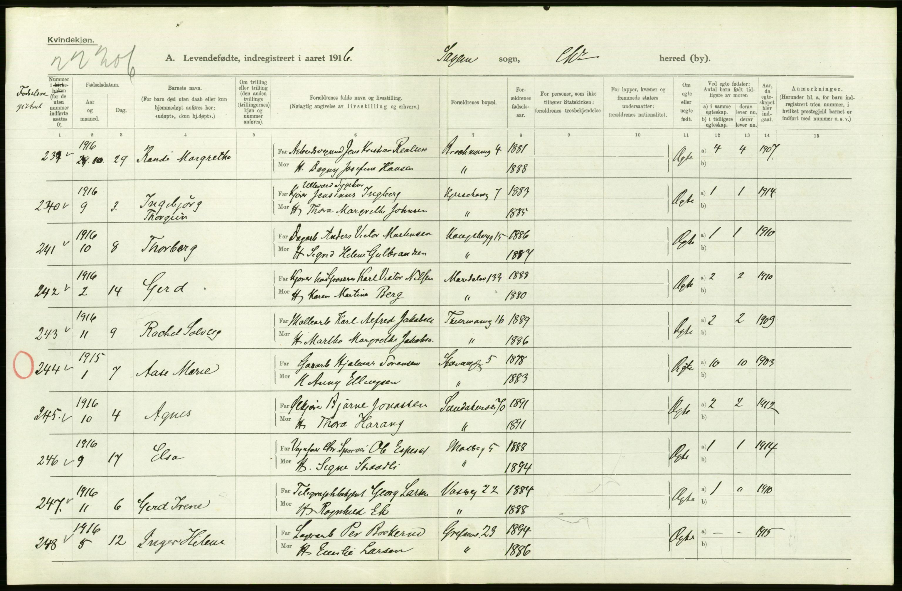 Statistisk sentralbyrå, Sosiodemografiske emner, Befolkning, AV/RA-S-2228/D/Df/Dfb/Dfbf/L0006: Kristiania: Levendefødte menn og kvinner., 1916, p. 330