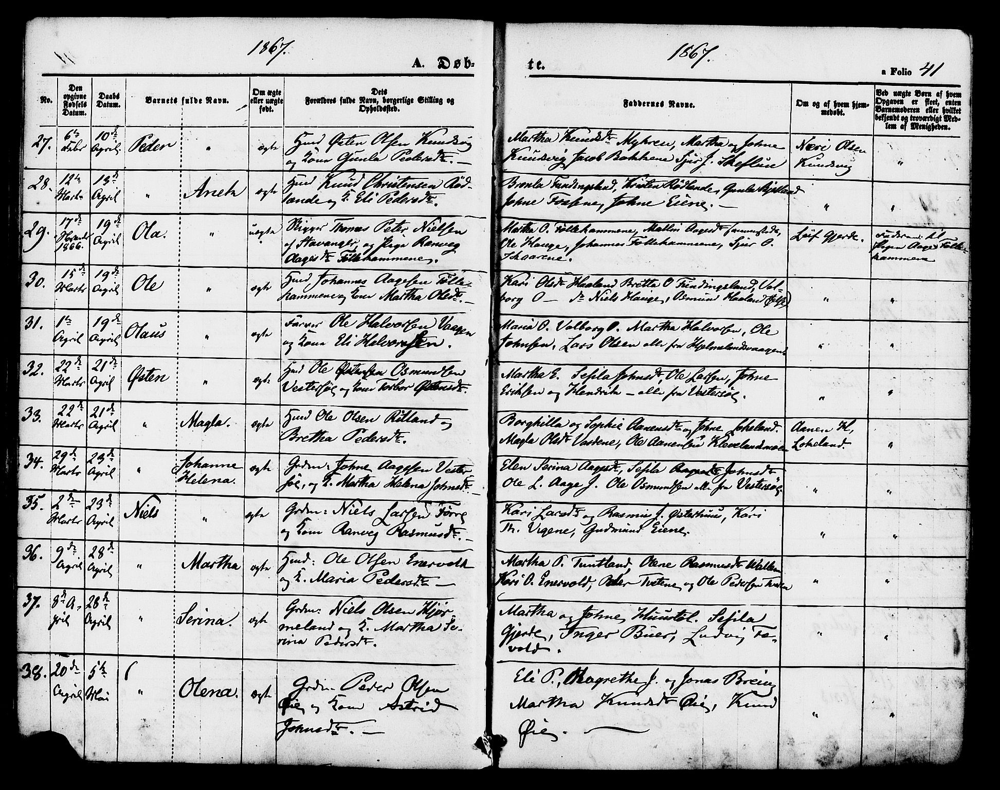 Hjelmeland sokneprestkontor, AV/SAST-A-101843/01/IV/L0011: Parish register (official) no. A 11, 1861-1878, p. 41