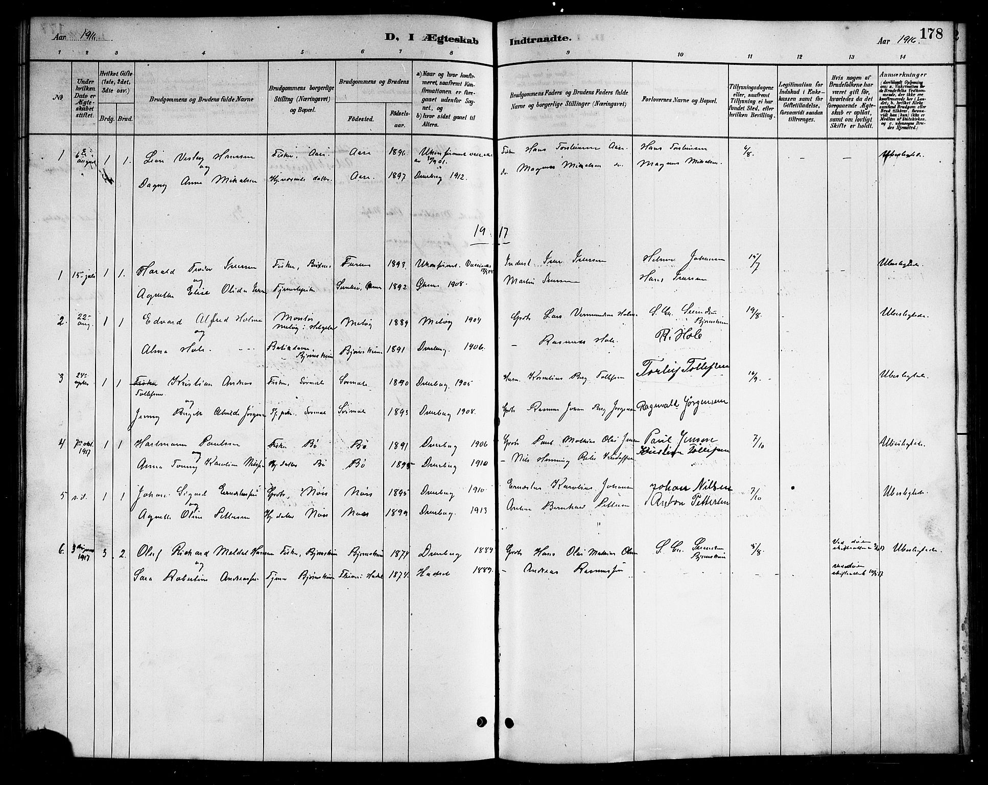 Ministerialprotokoller, klokkerbøker og fødselsregistre - Nordland, SAT/A-1459/898/L1427: Parish register (copy) no. 898C02, 1887-1917, p. 178