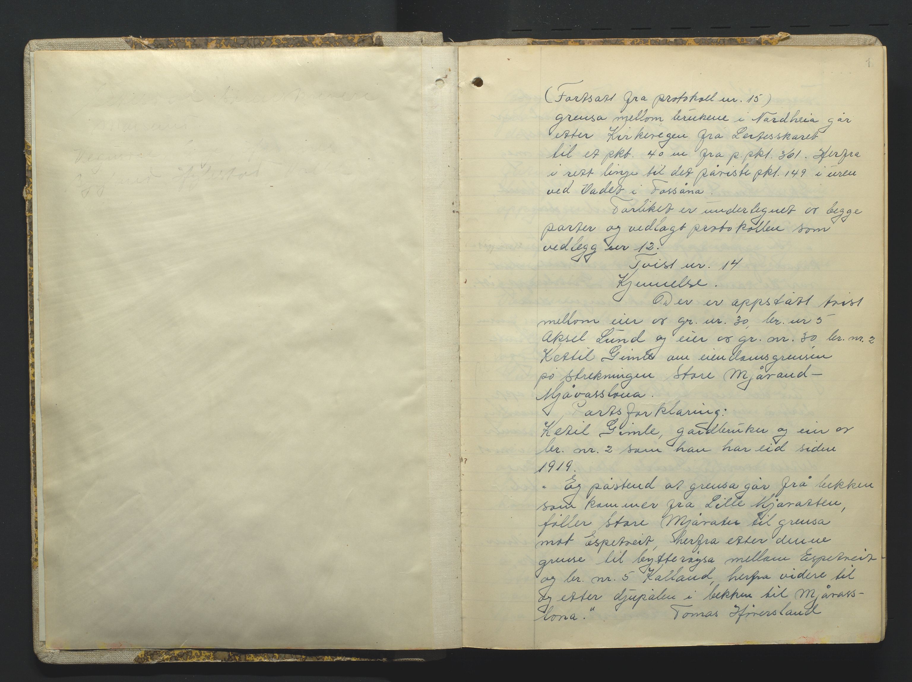 Setesdal jordskifterett, AV/SAK-1541-0008/F/Fa/Faa/L0001: Jordskifteprotokoll med gårdsregister, Setesdal domssokn nr 16, 1952-1958, p. 1